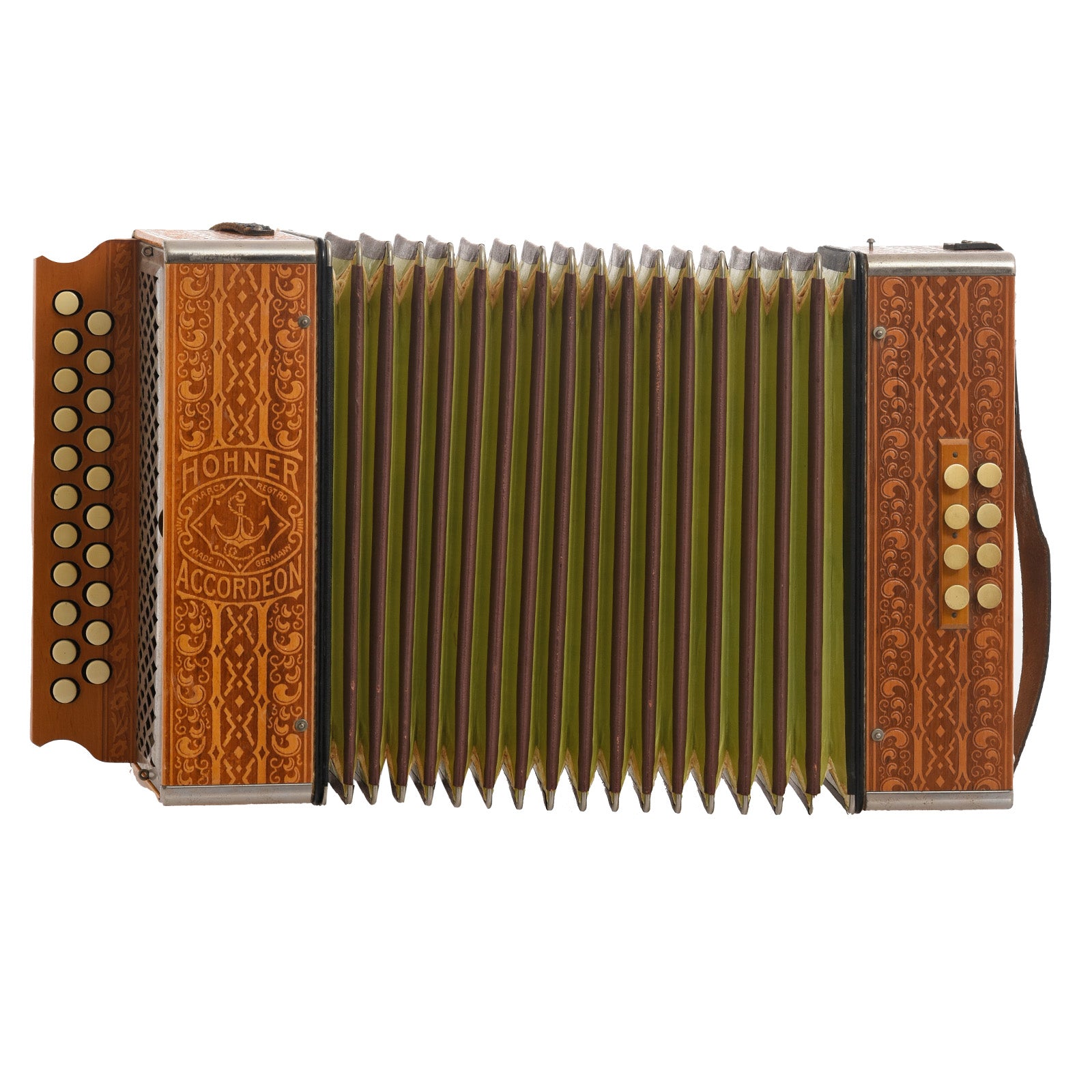 Front showing bellows of Hohner Button Accordion (1920s)