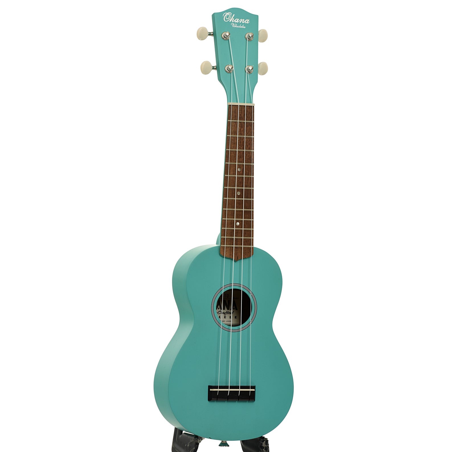 Full front and side of Ohana SK-10 Soprano Ukulele Starter Pack, Turquoise