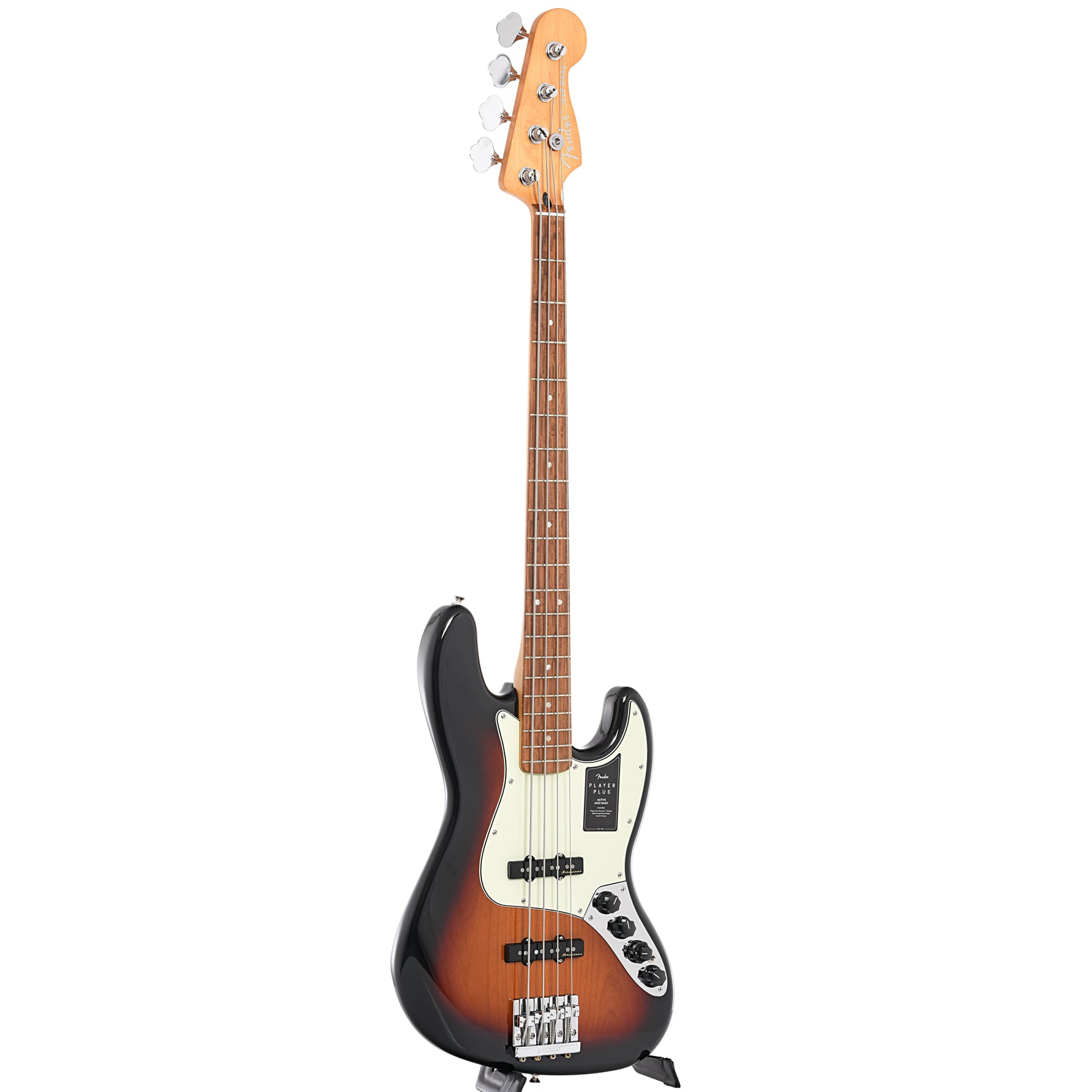 Full front and side of Fender Player Plus Jazz Bass, 3-Color Sunburst