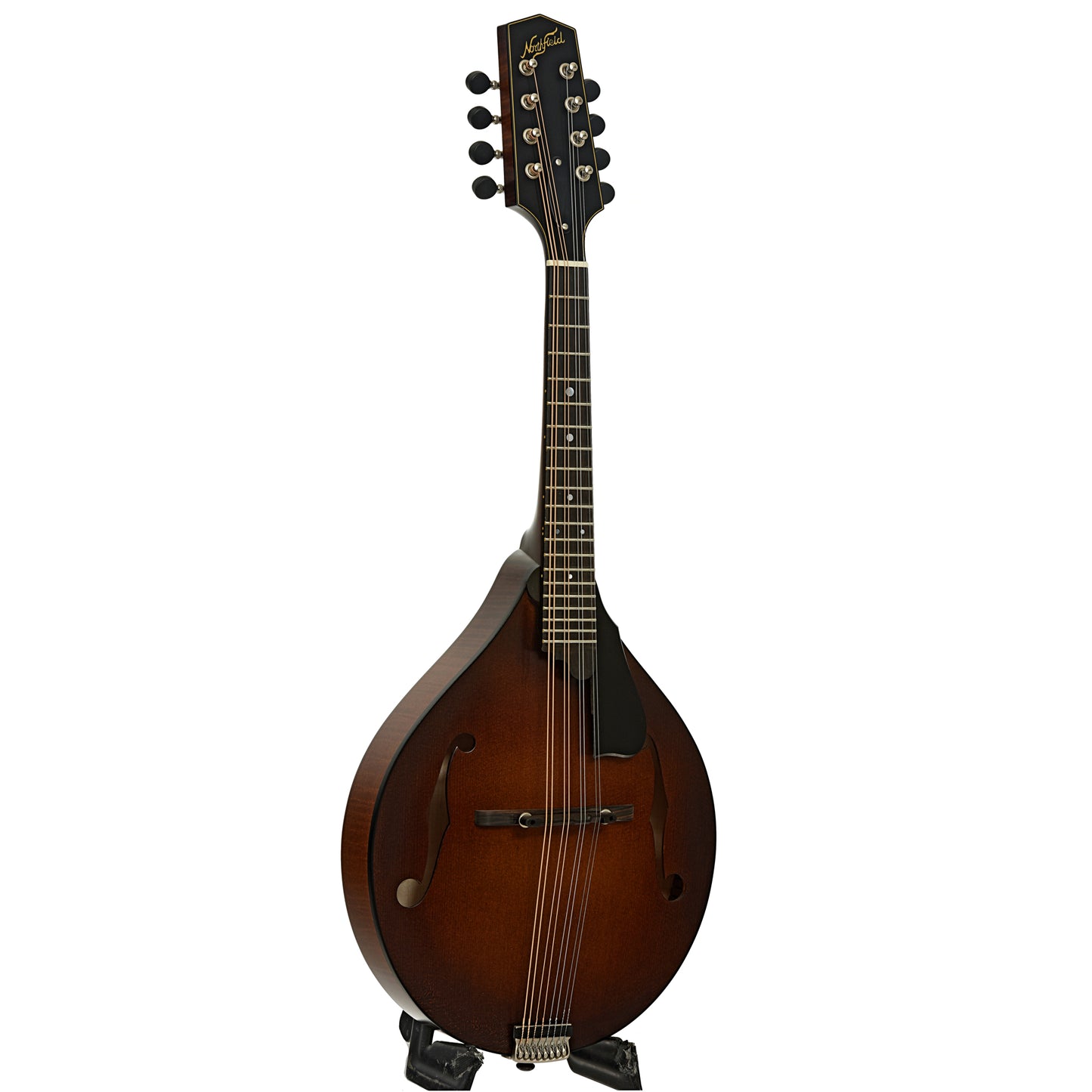 Full front and side of Northfield Workshop NFM-A5 Model M Mandolin, Dark Leatherburst