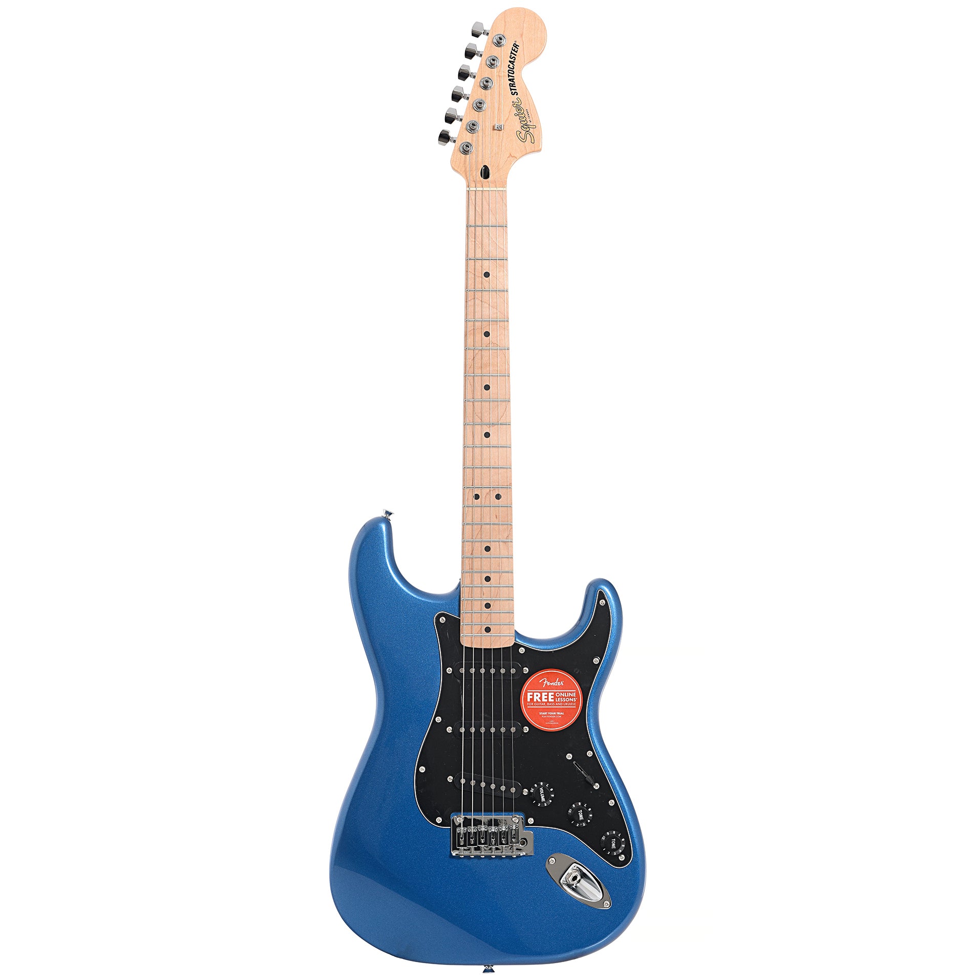 Full front of Squier Affinity Series Stratocaster, Lake Placid Blue