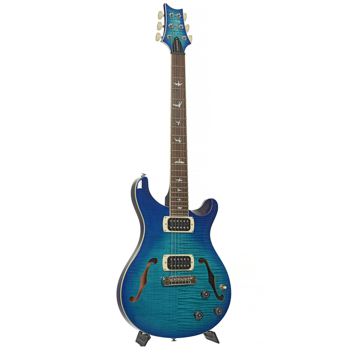 Full front and side of PRS SE Hollowbody I Piezo Electric Guitar, Lake Blue