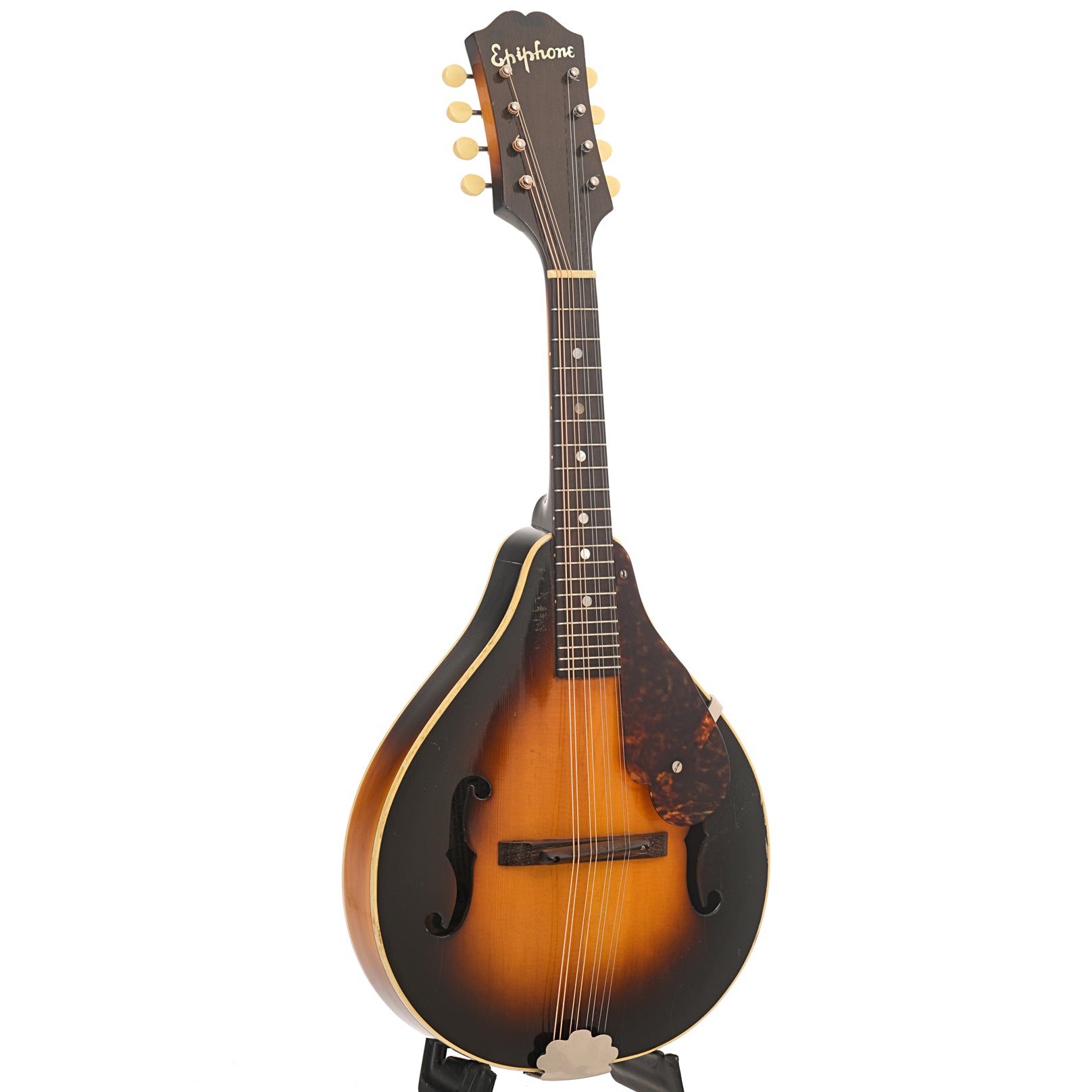 full front and side of Epiphone Adelphi A-Model Mandolin 