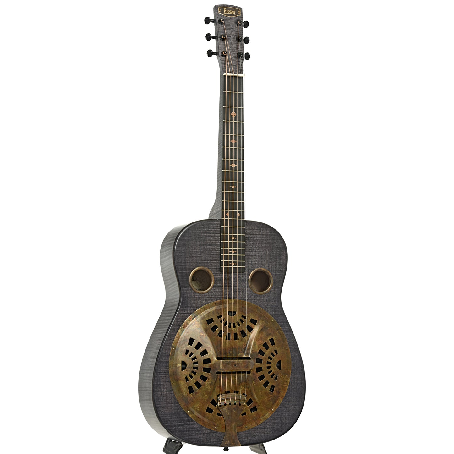 Full front and side of Beard Trailhead Squareneck Resonator Guitar Black Ice Finish