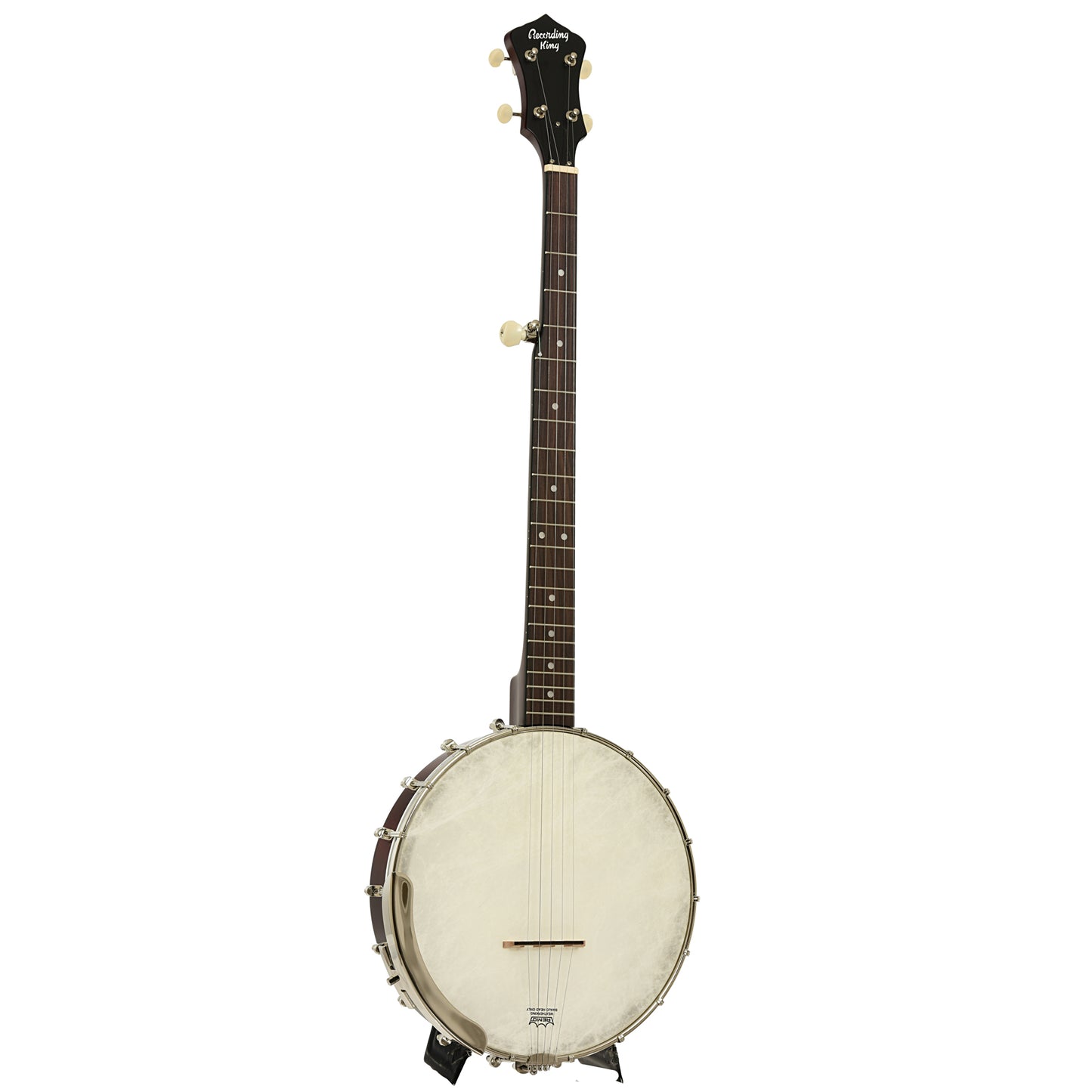 Full front and side of Recording King Dirty 30s Open Back Banjo Mahogany
