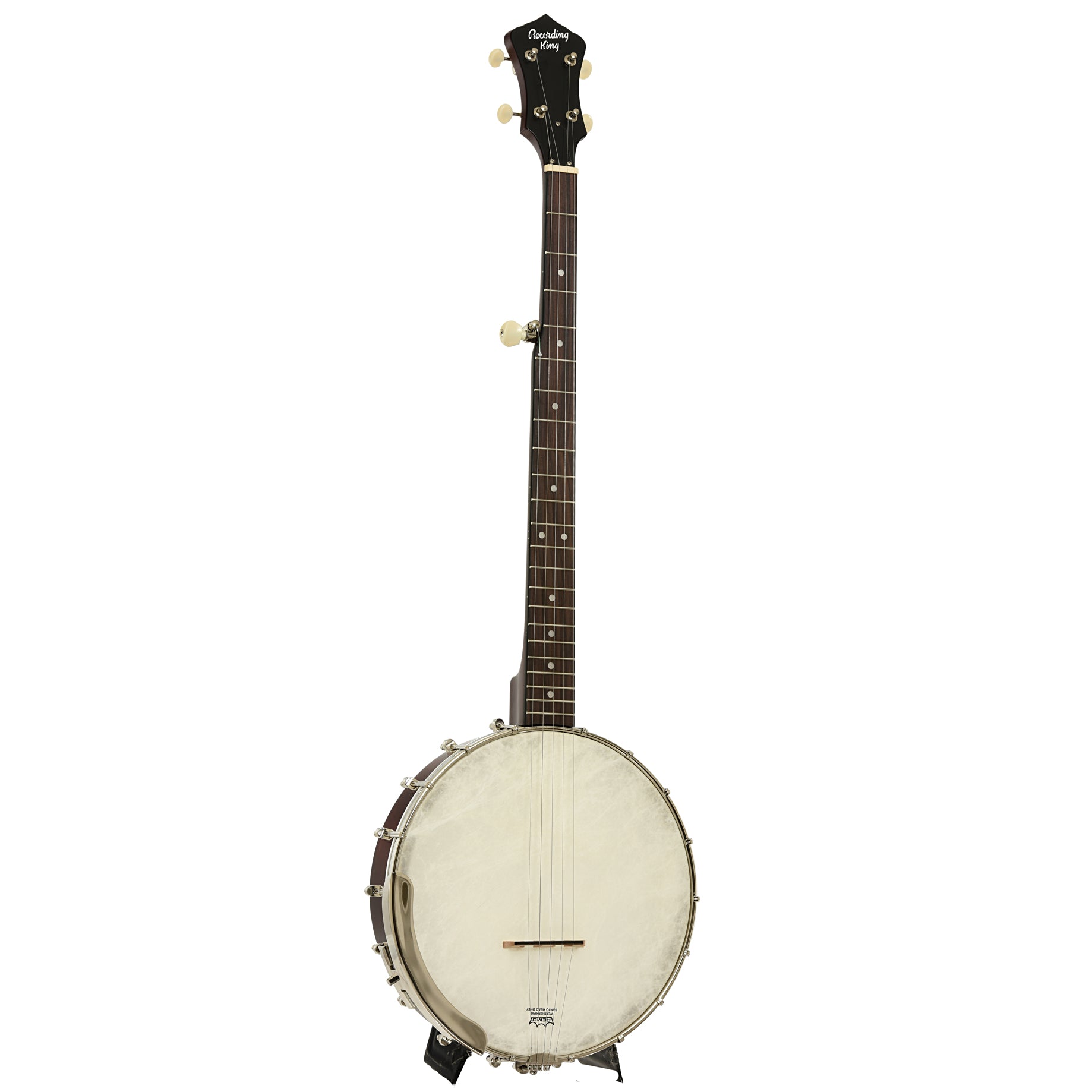 Full front and side of Recording King Dirty 30s Open Back Banjo Mahogany
