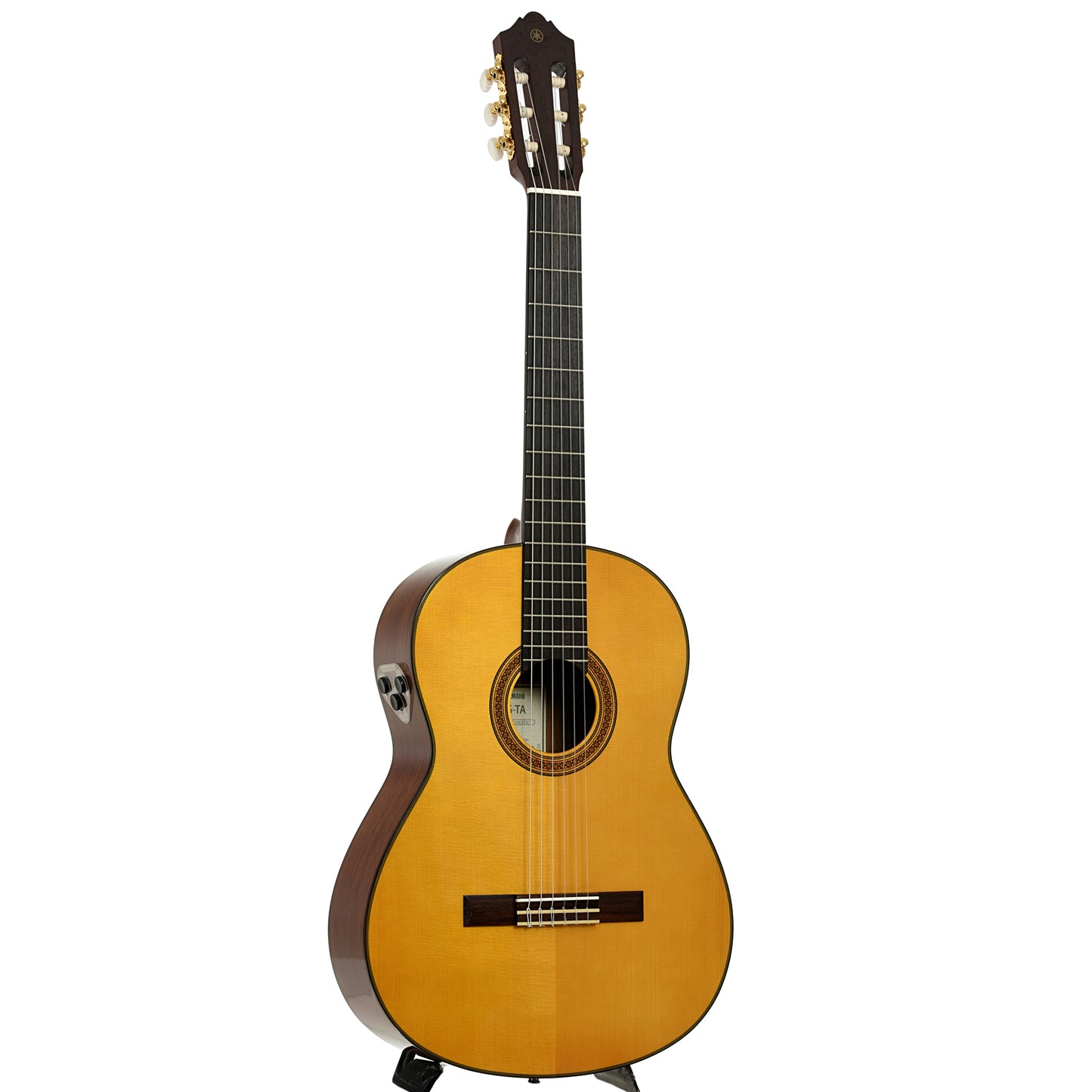Full front and side of Yamaha CG-TA TransAcoustic Classical Guitar