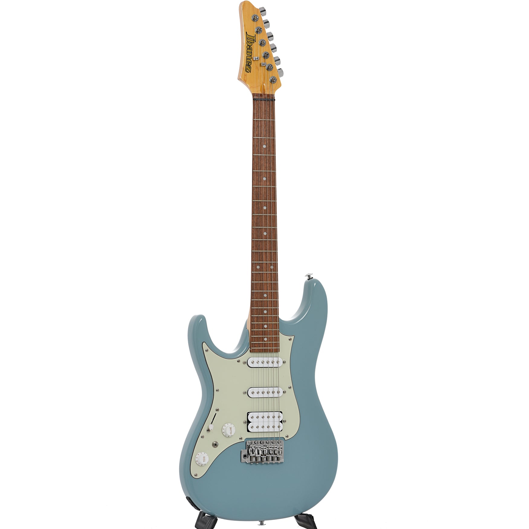 Full front and side of IBANEZ AZES40L Left Handed Electric Guitar, Purist Blue