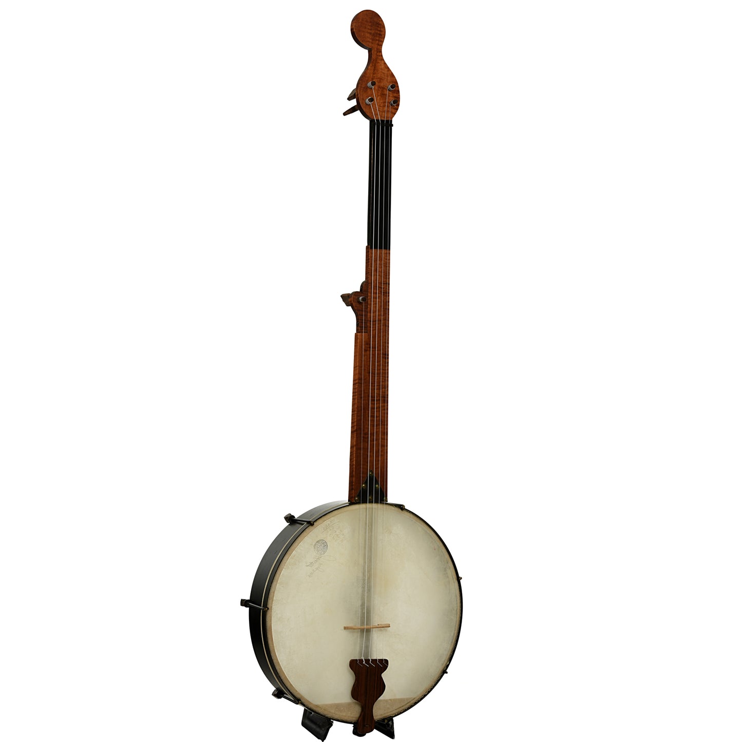 Full front and side of James Hartel Joel Sweeney Fretless Minstrel Banjo 