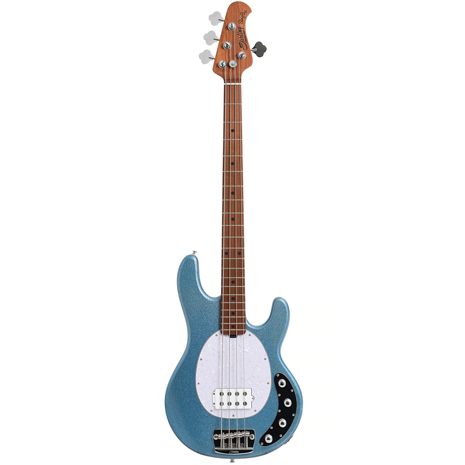 Full front of Sterling by Music Man B-Stock Stingray34 4-String Bass, Blue Sparkle