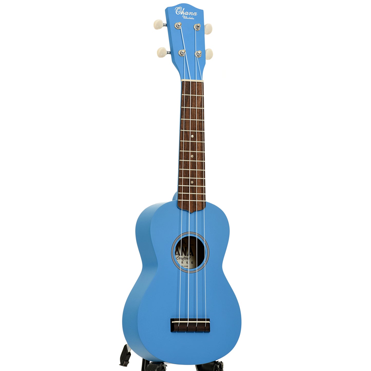 Full front and side of Ohana SK-10 Soprano Ukulele, Blue
