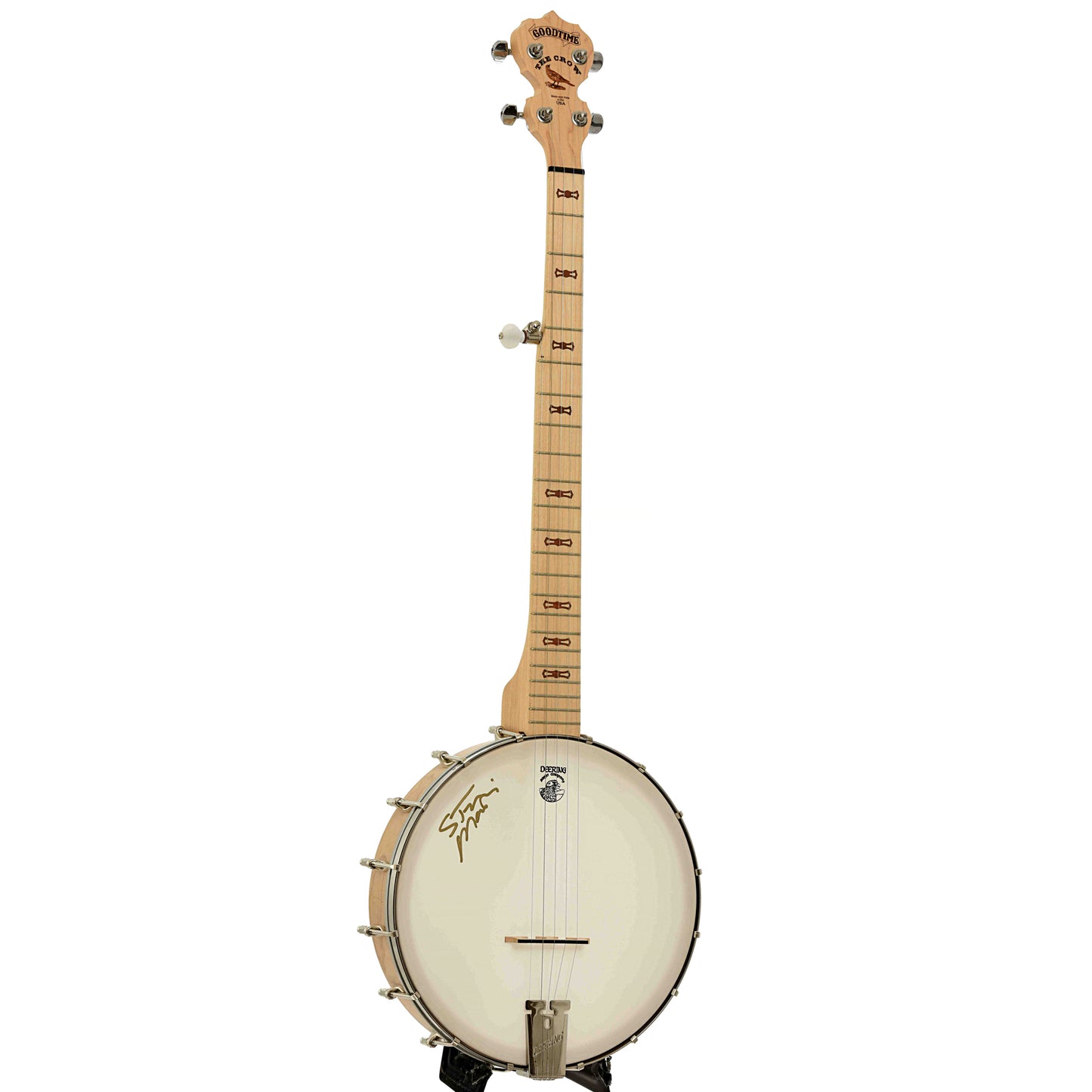 Full front and side of Deering "The Crow" Open Back Banjo