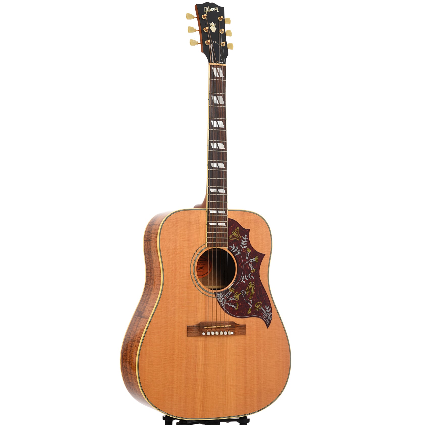 Full front and side of Gibson Hummingbird Koa Custom Shop Acoustic Guitar 
