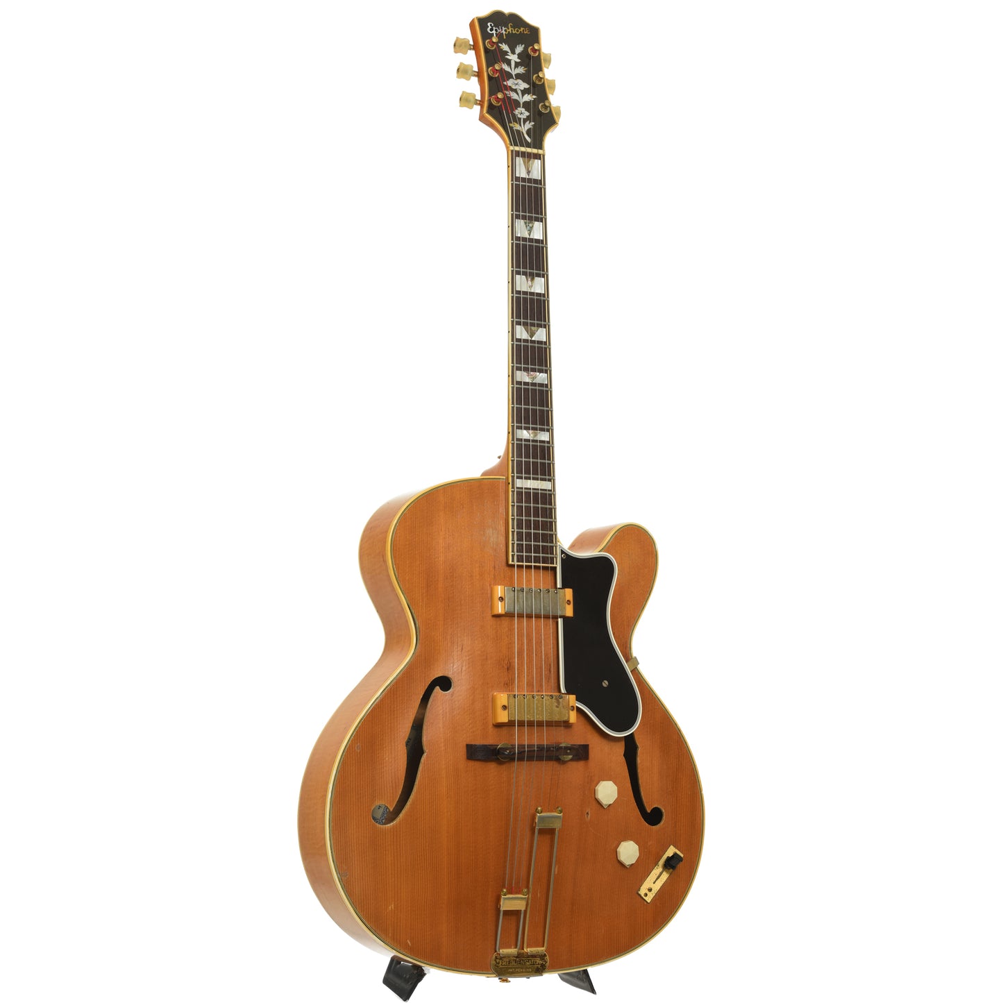 Full fornt and side of Epiphone Zephyr Deluxe Regent Hollowbody Electric Guitar