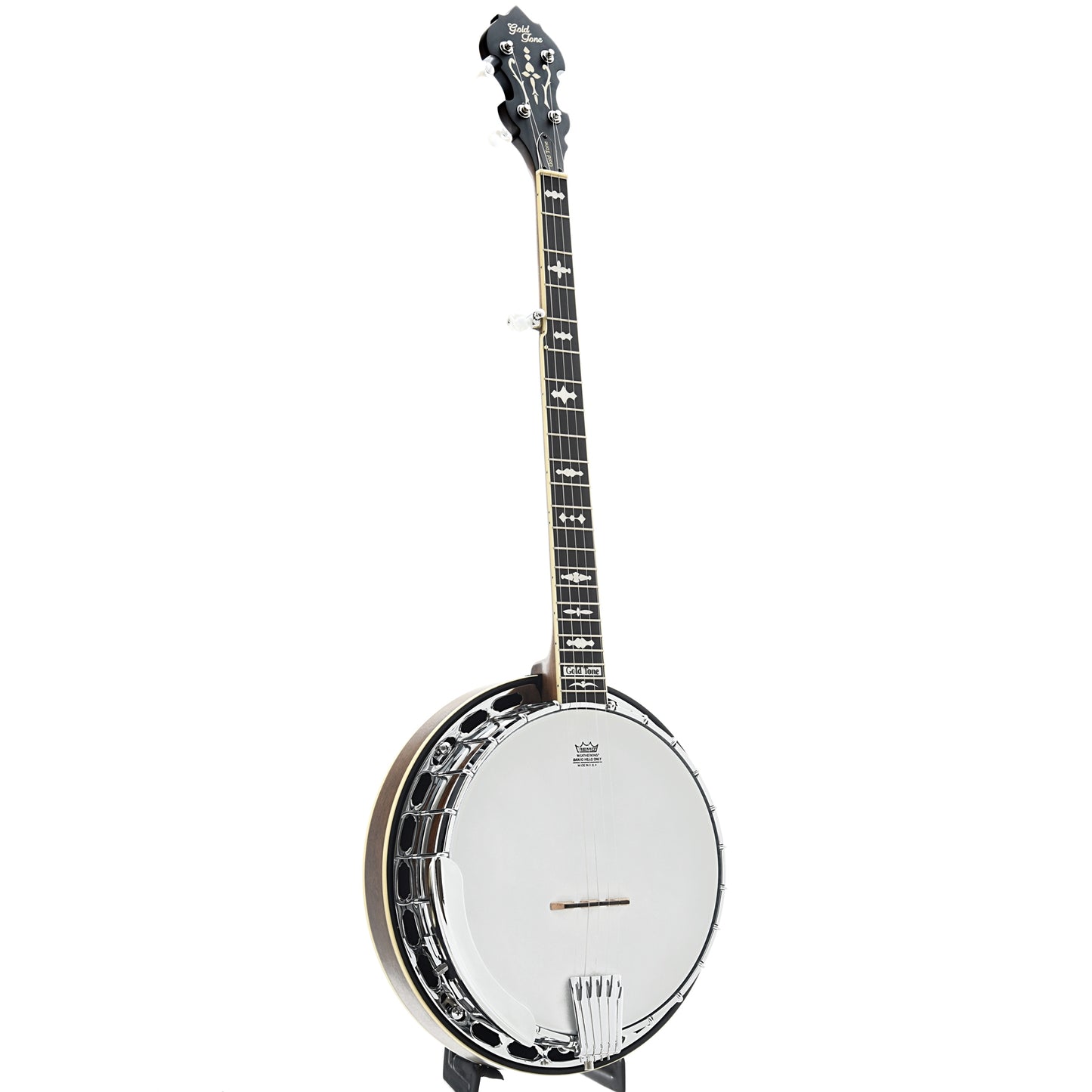 Full Front & Side of Gold Tone Mastertone OB-150 Orange Blossom Resonator Banjo & Case, Shopworn