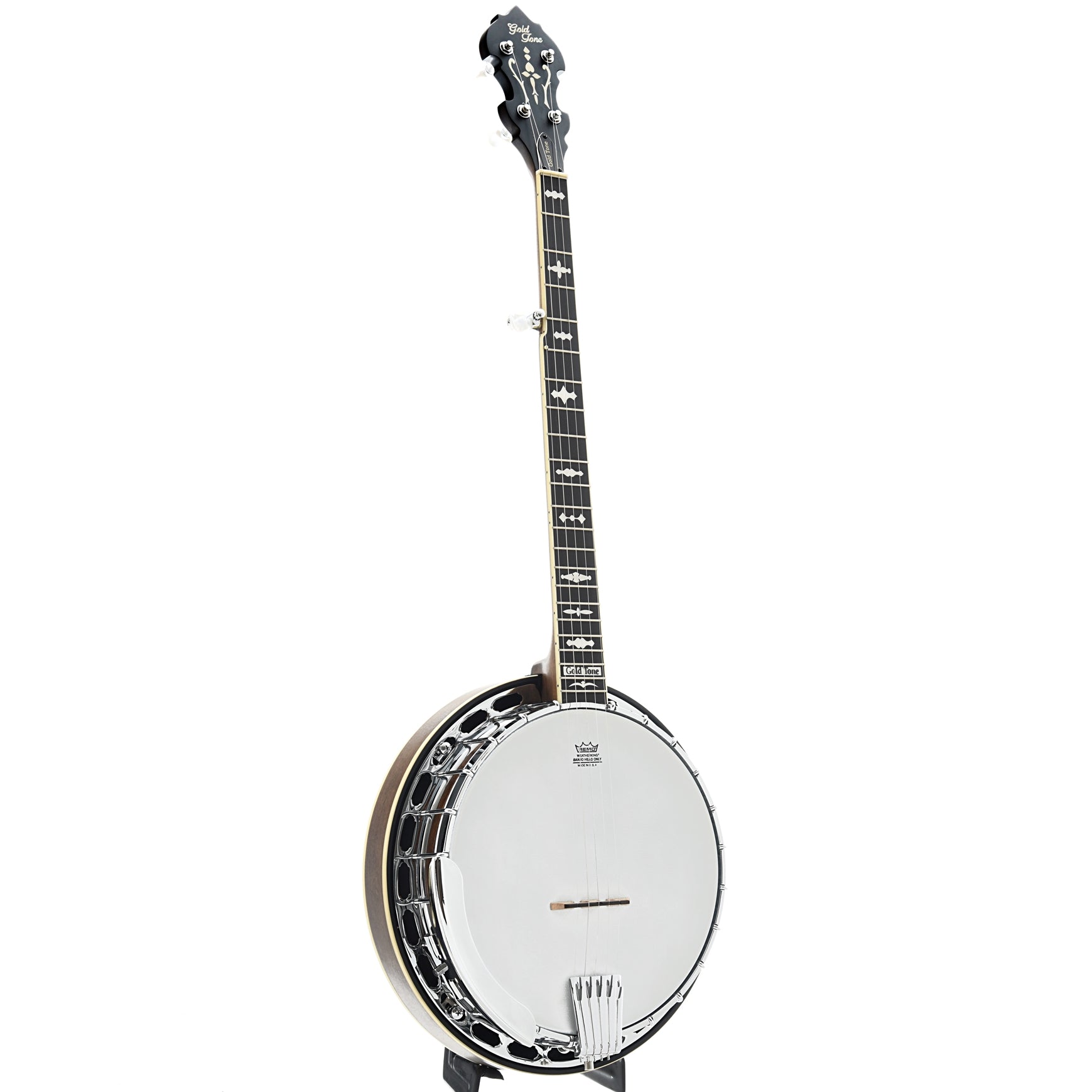 Full Front & Side of Gold Tone Mastertone OB-150 Orange Blossom Resonator Banjo & Case, Shopworn