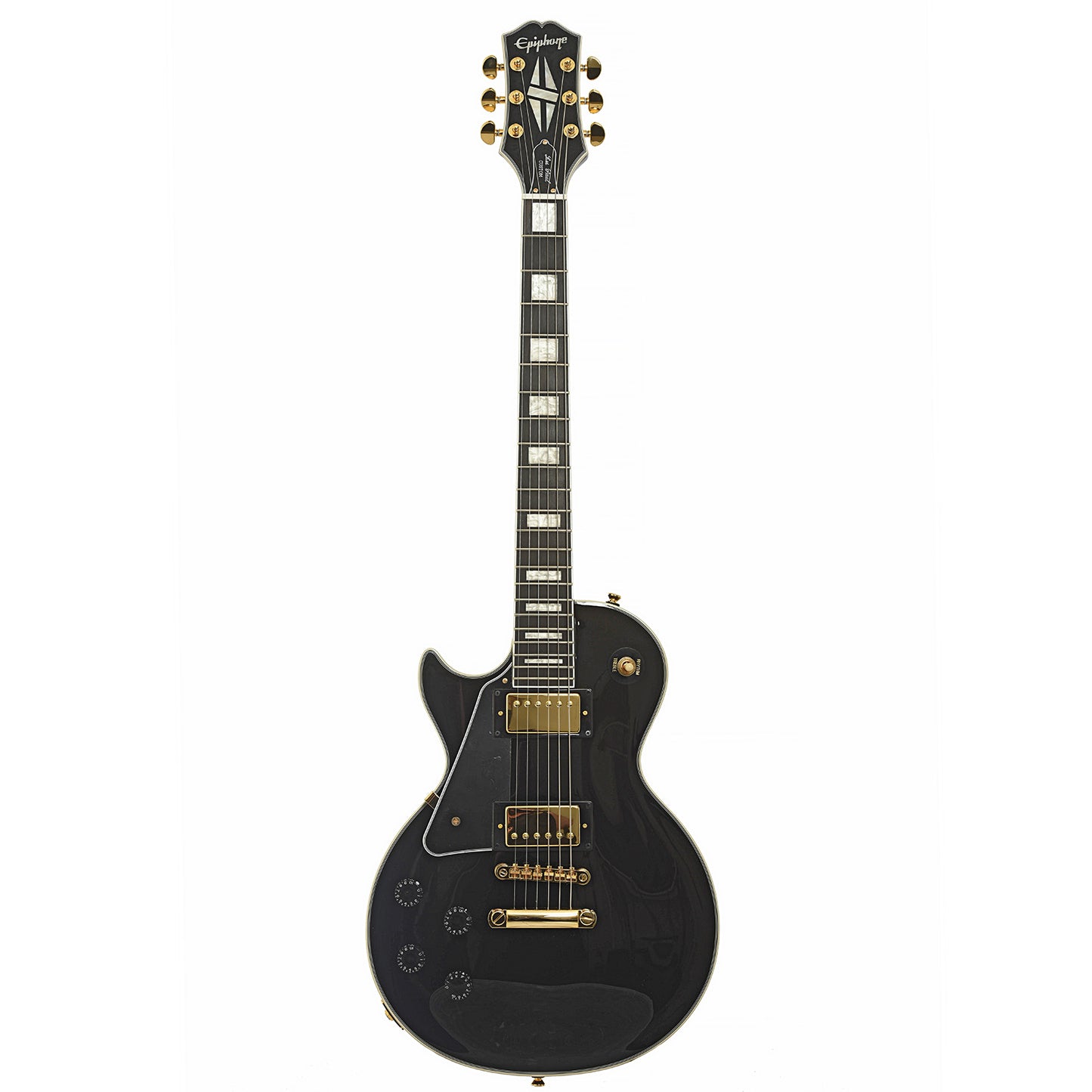 Full front of Epiphone Les Paul Custom Left-Handed Electric Guitar & Gigbag, Ebony                                                                                                                                                                                                               