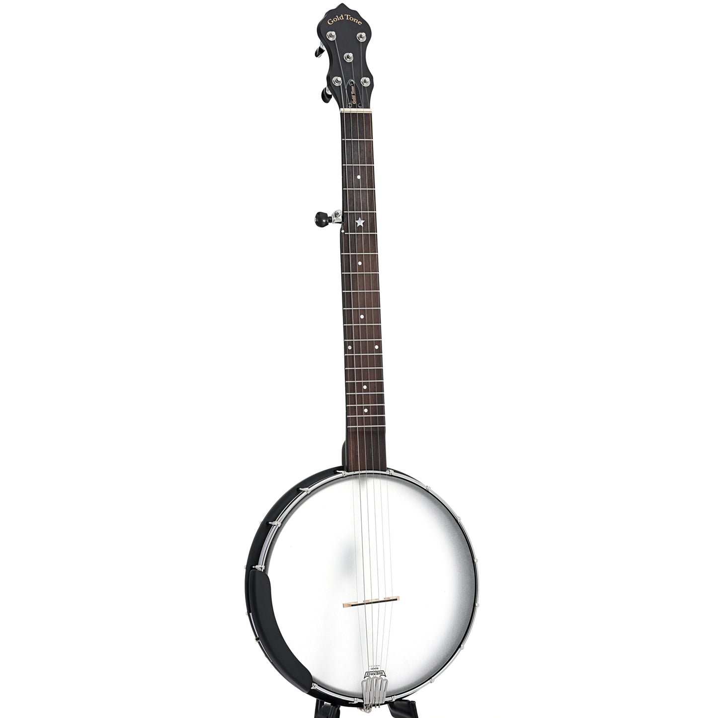 Full front and side of Gold Tone AC-5+1S "Lojo" Openback Banjo 