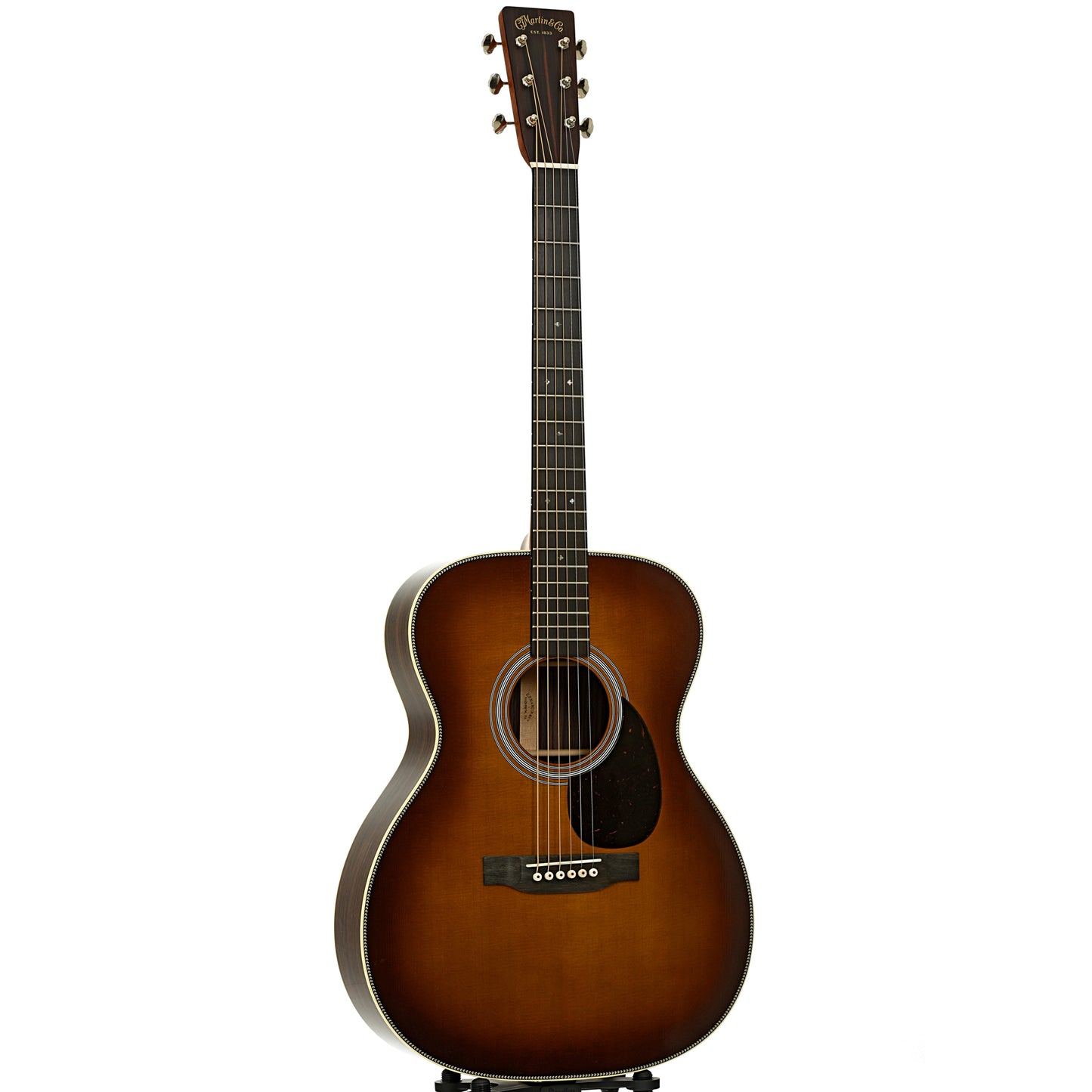 Full front and side of Martin OM-28 Ambertone Acoustic Guitar