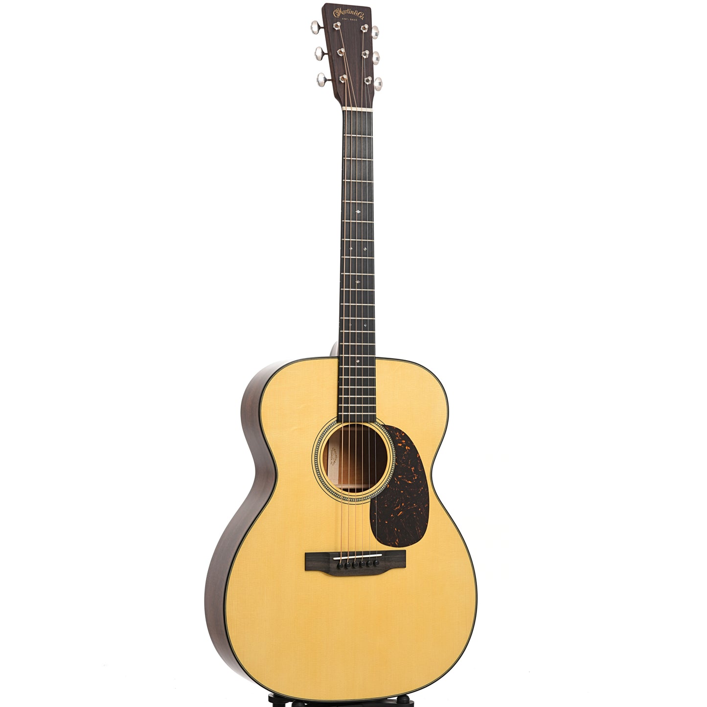 Full front and side of Martin Custom 18-Style 000 Guitar & Case, Flame Mahogany & Alpine Spruce