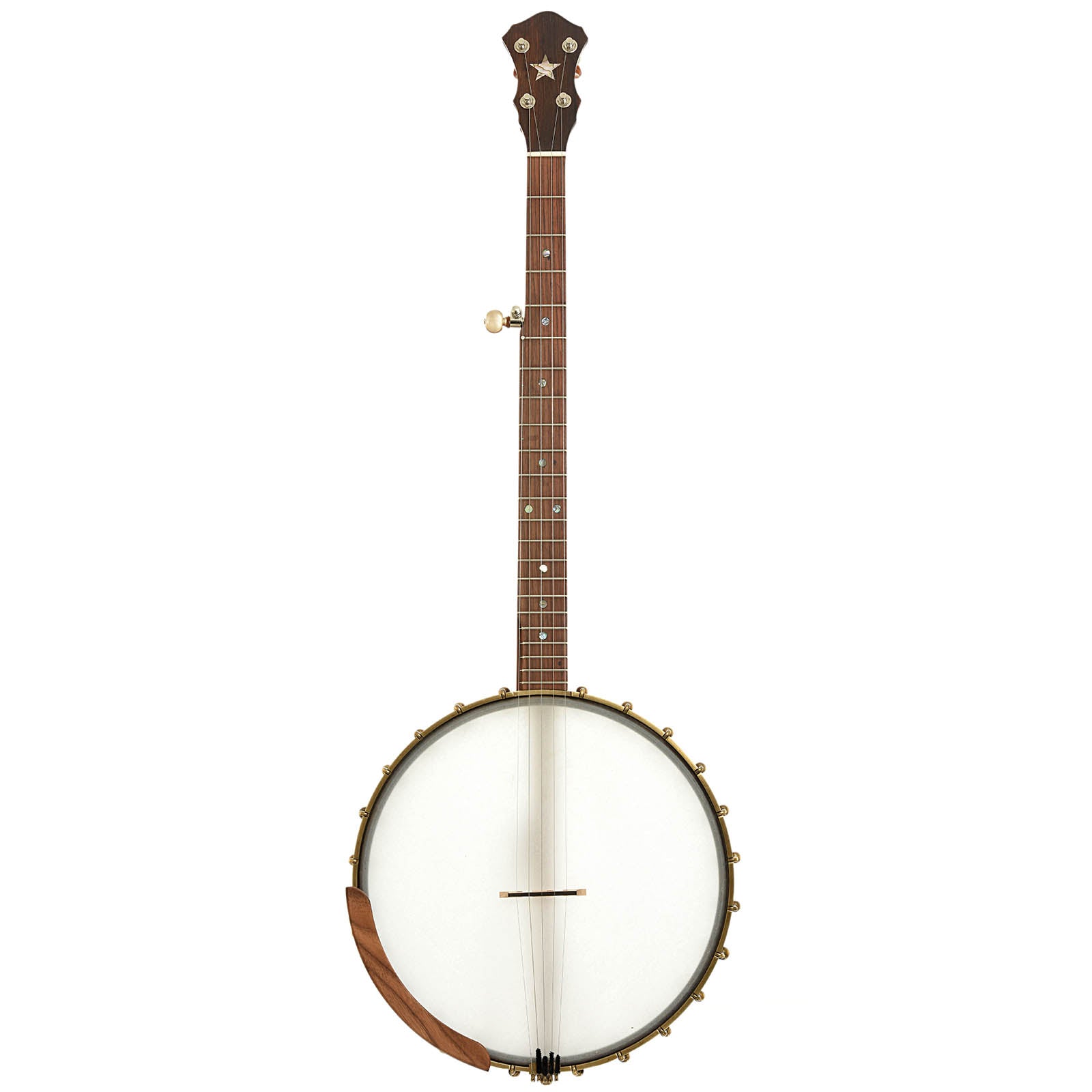 Full front of Starr Banjos 13" Curly Maple Openback Banjo