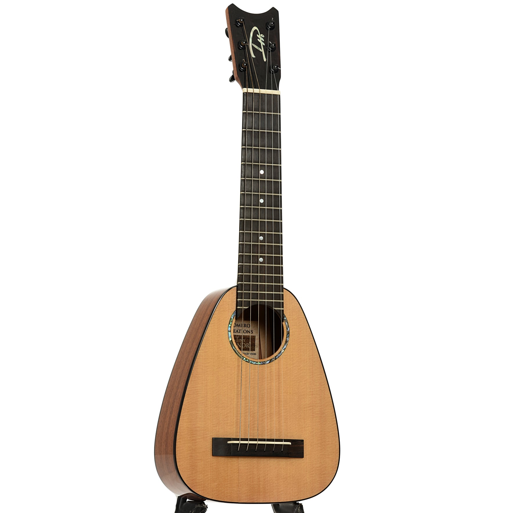 Full front and side of Romero Creations Tiny Tenor 6 String Model Guitar/Uke