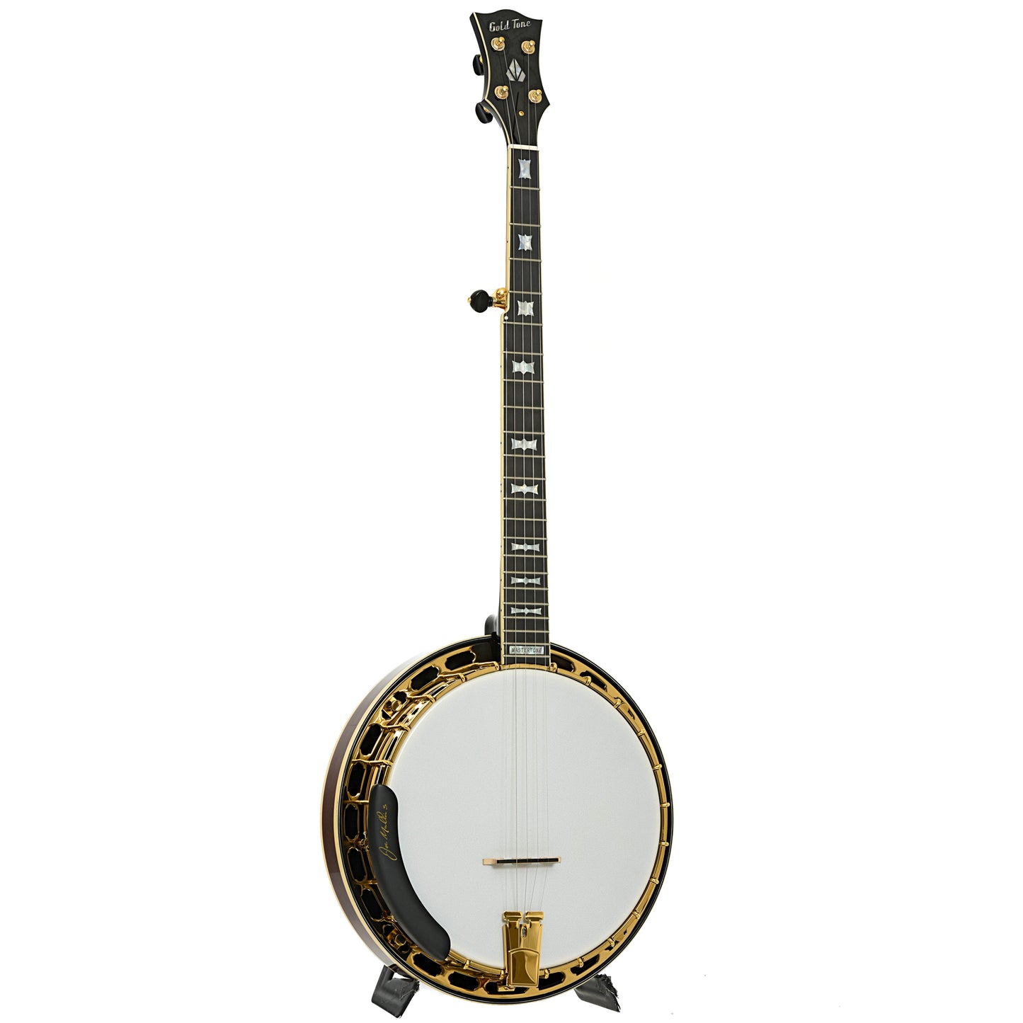 Full front and side of Gold Tone OB-2 Joe Mullins Bowtie Banjo