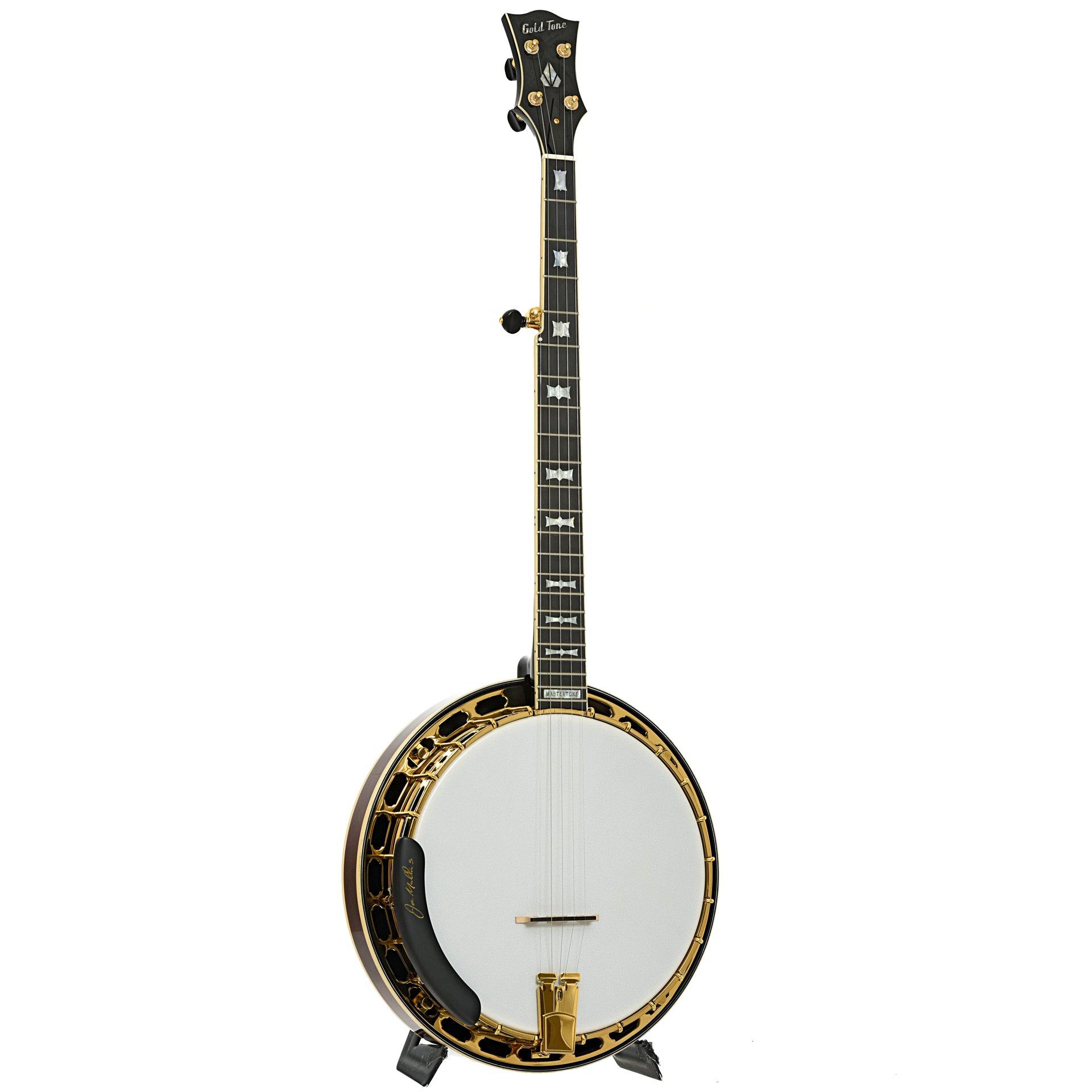 Full front and side of Gold Tone OB-2 Joe Mullins Bowtie Banjo