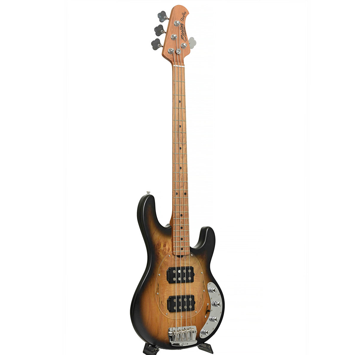 Full front and side of Stingray 34HH Spalted Maple Electric Bass