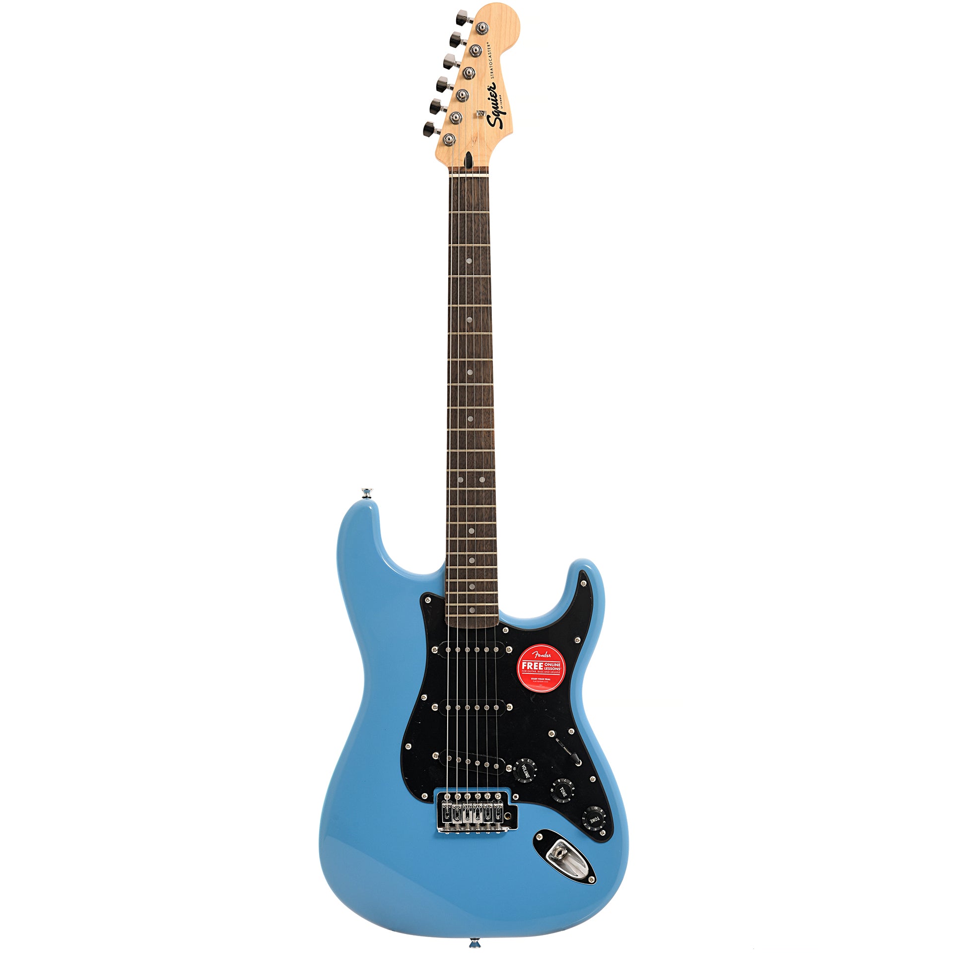 Full front of Squier Sonic Stratocaster, California Blue