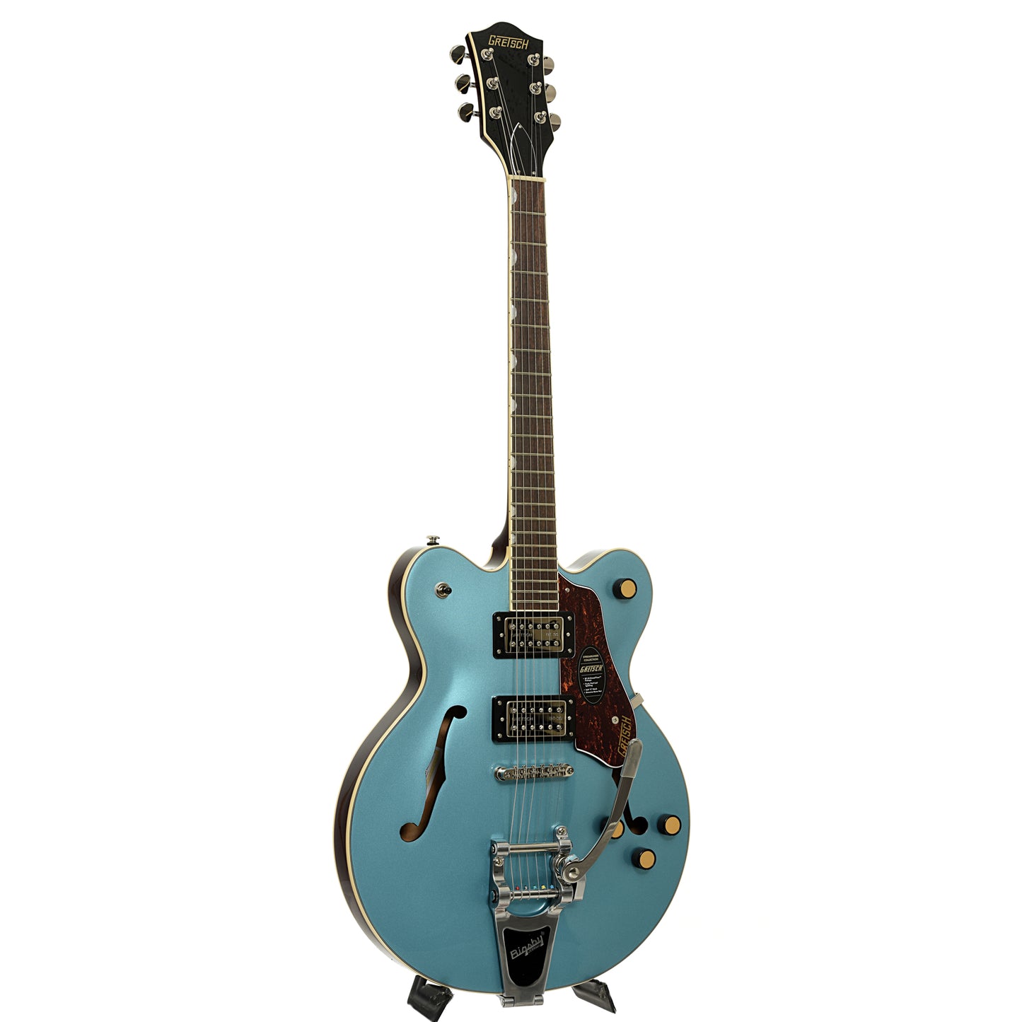 Full front and side of Gretsch G2622T Streamliner Center Block Double-Cut with Bigsby Electric Gutitar, Arctic Blue