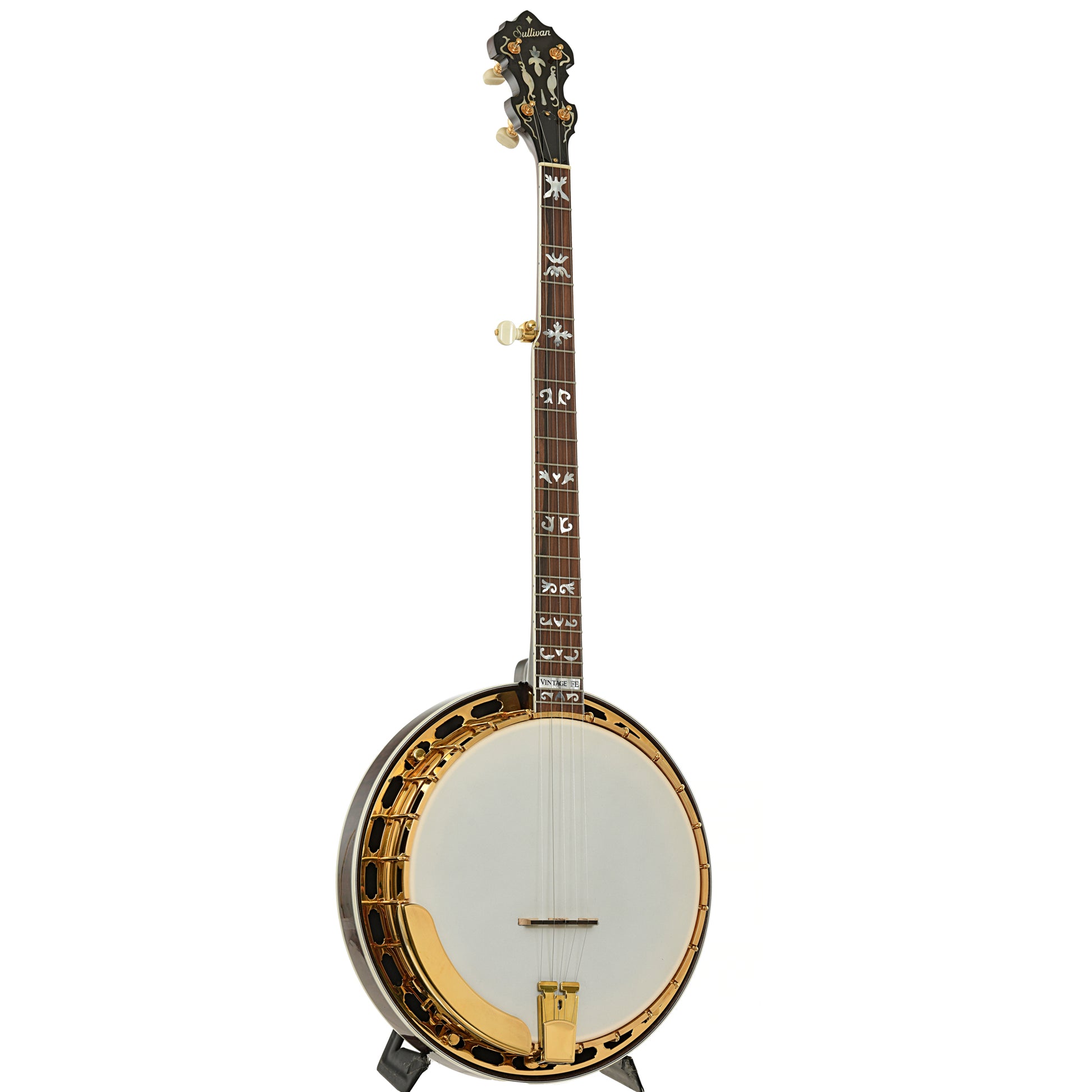 Full front and side of Sullivan Vintage 35 Gold Flying Eagle Resonator Banjo