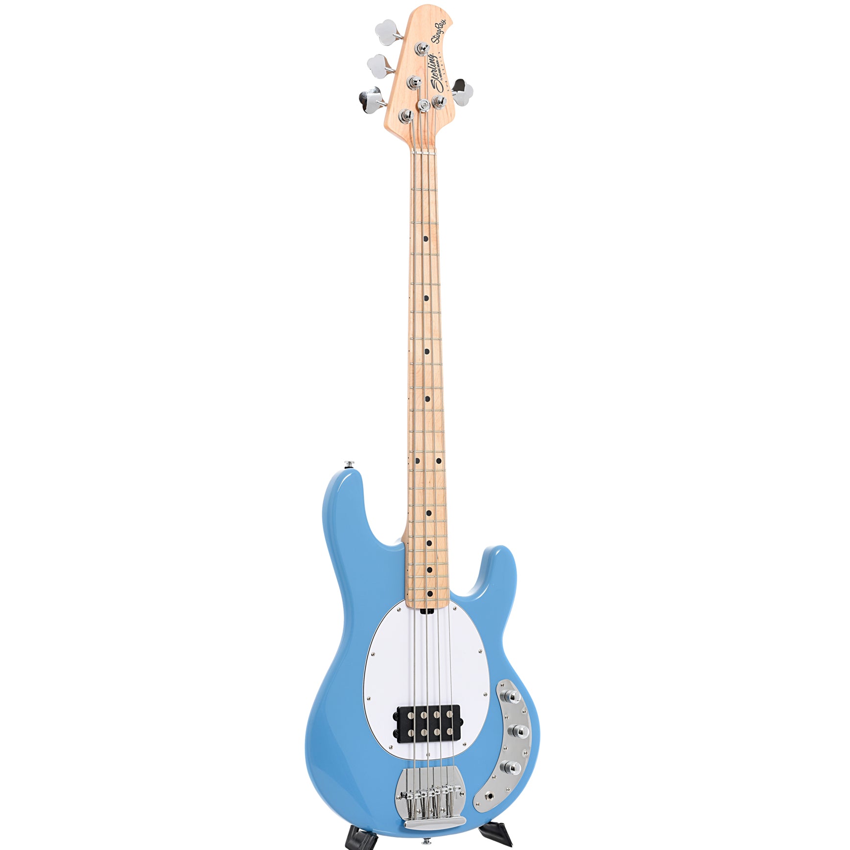 Full front and side of Sterling by Music Man RAY4 4-String Bass, Chopper Blue