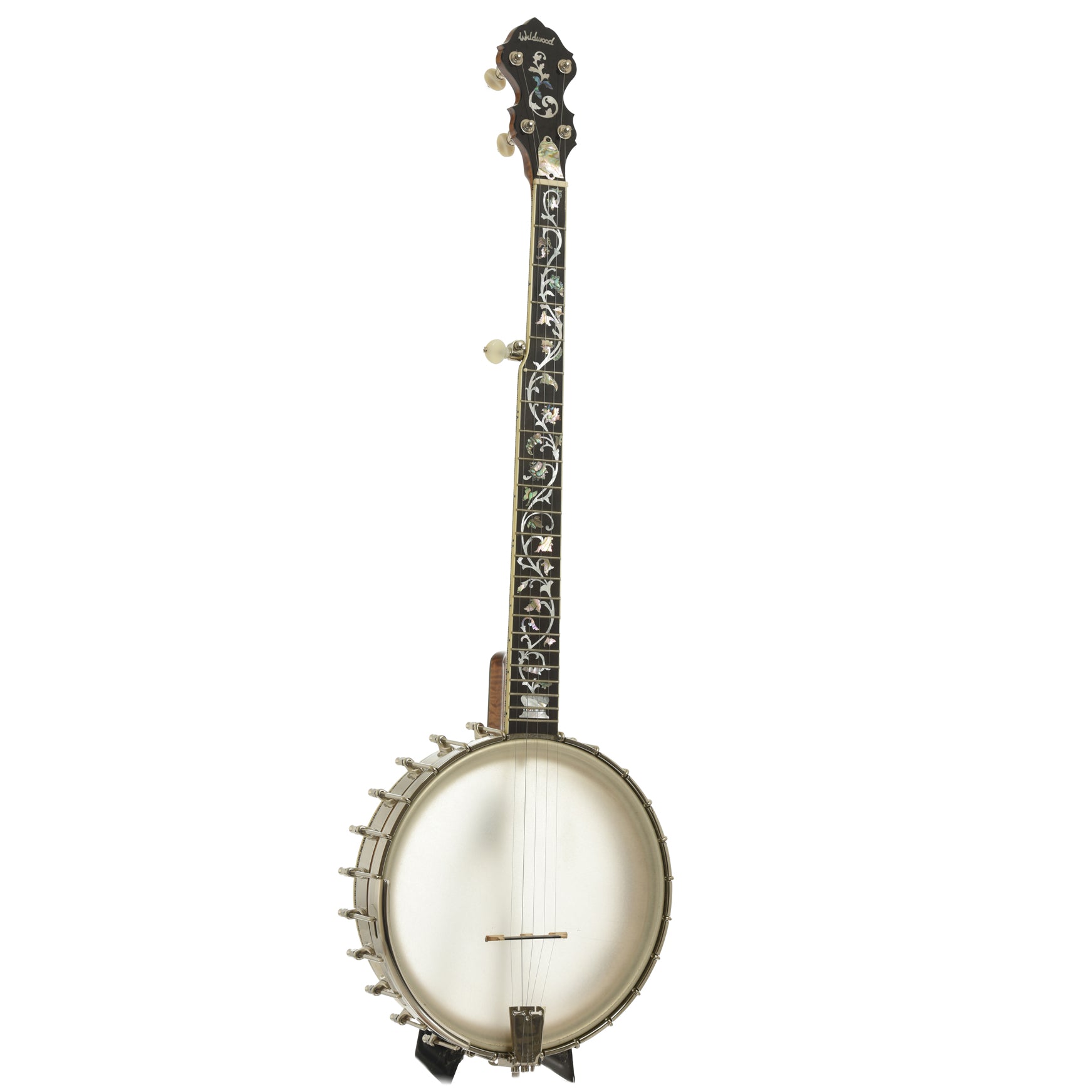 Full front and side of Wildwood Balladeer Openback Banjo