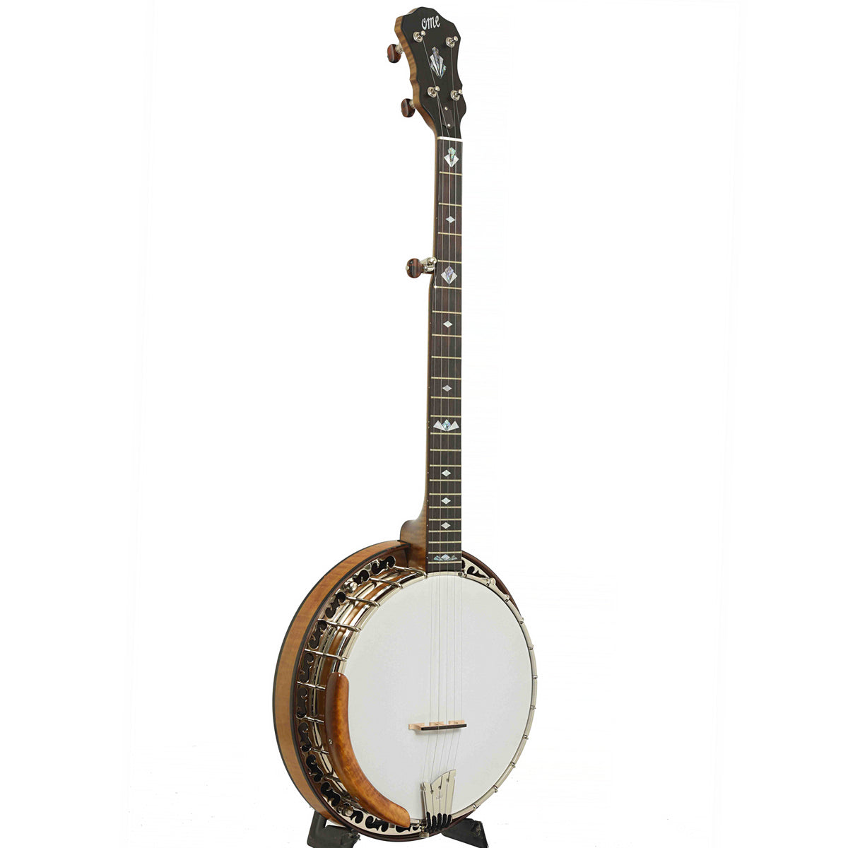 Full Front & Side of Ome Vintage Ikon Resonator Banjo & Case