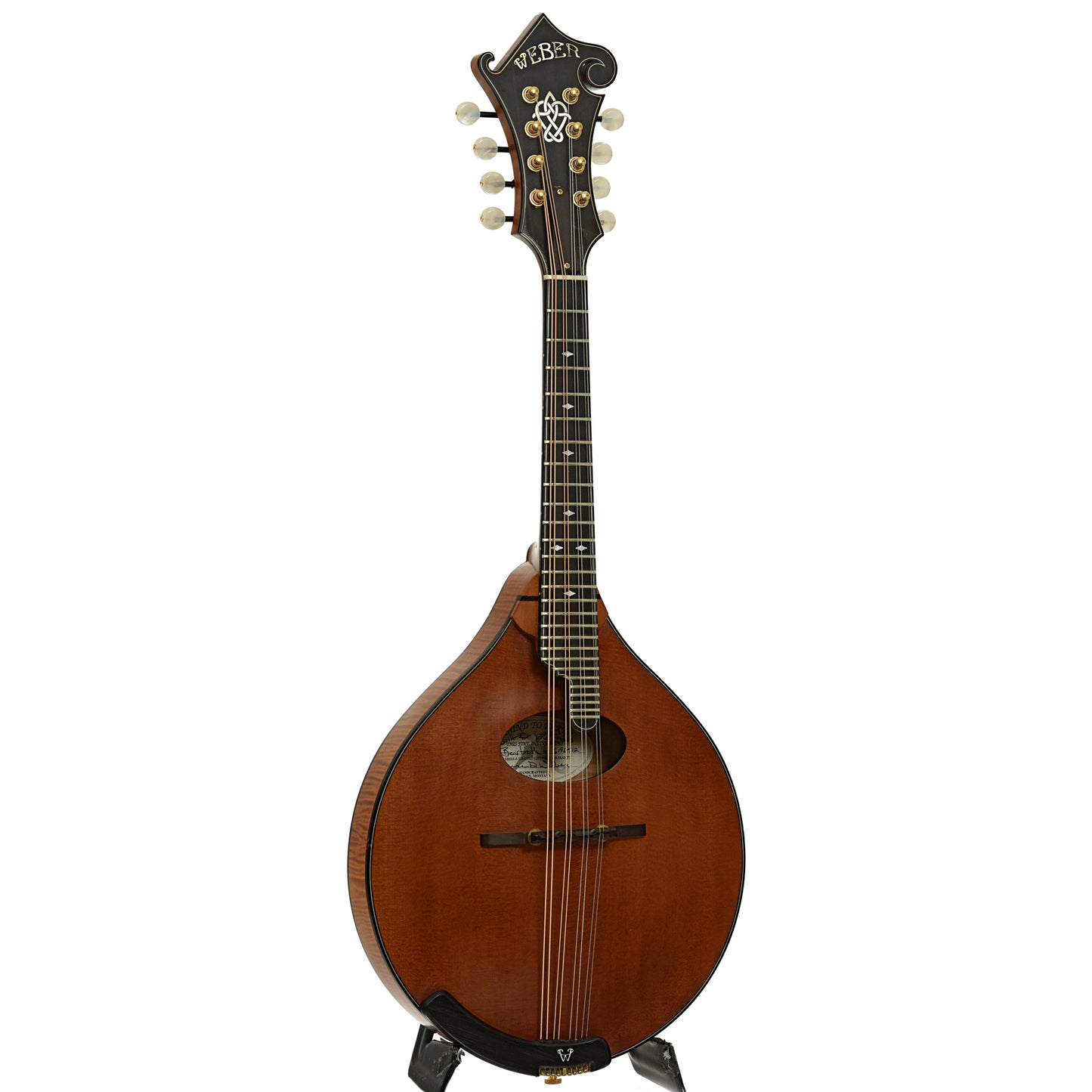 Full front and side of Weber Beartooth A Style Mandolin 