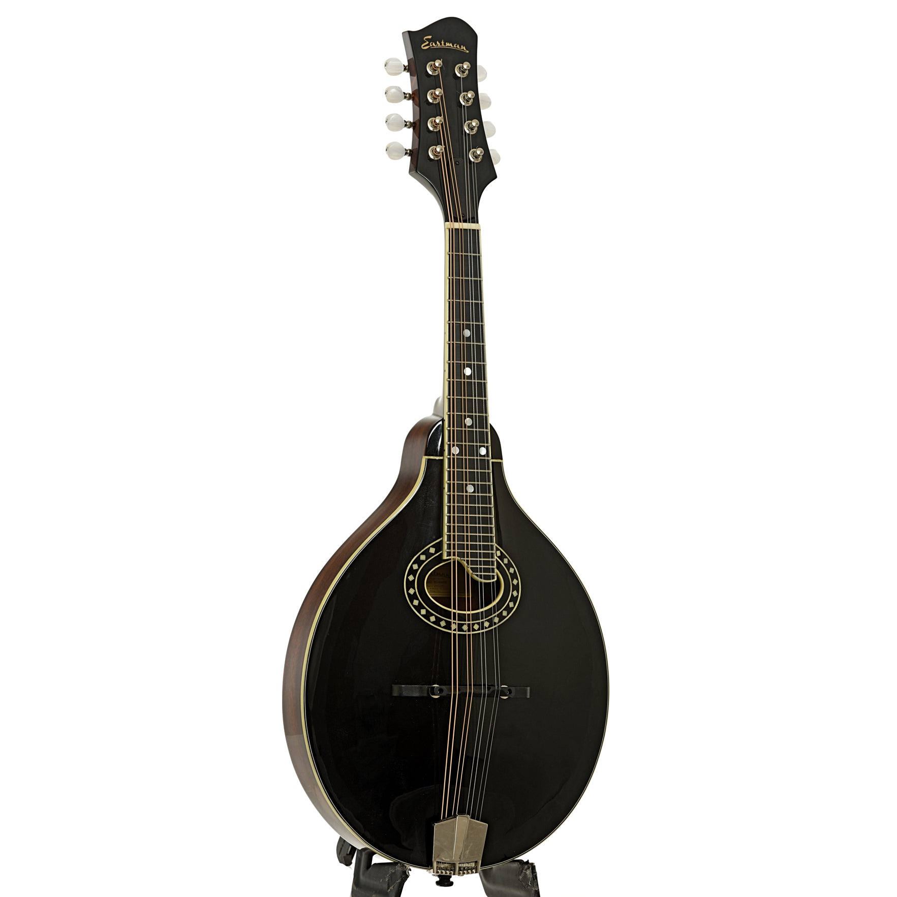 Full front and side of Eastman MD404BK A-Style Mandolin 