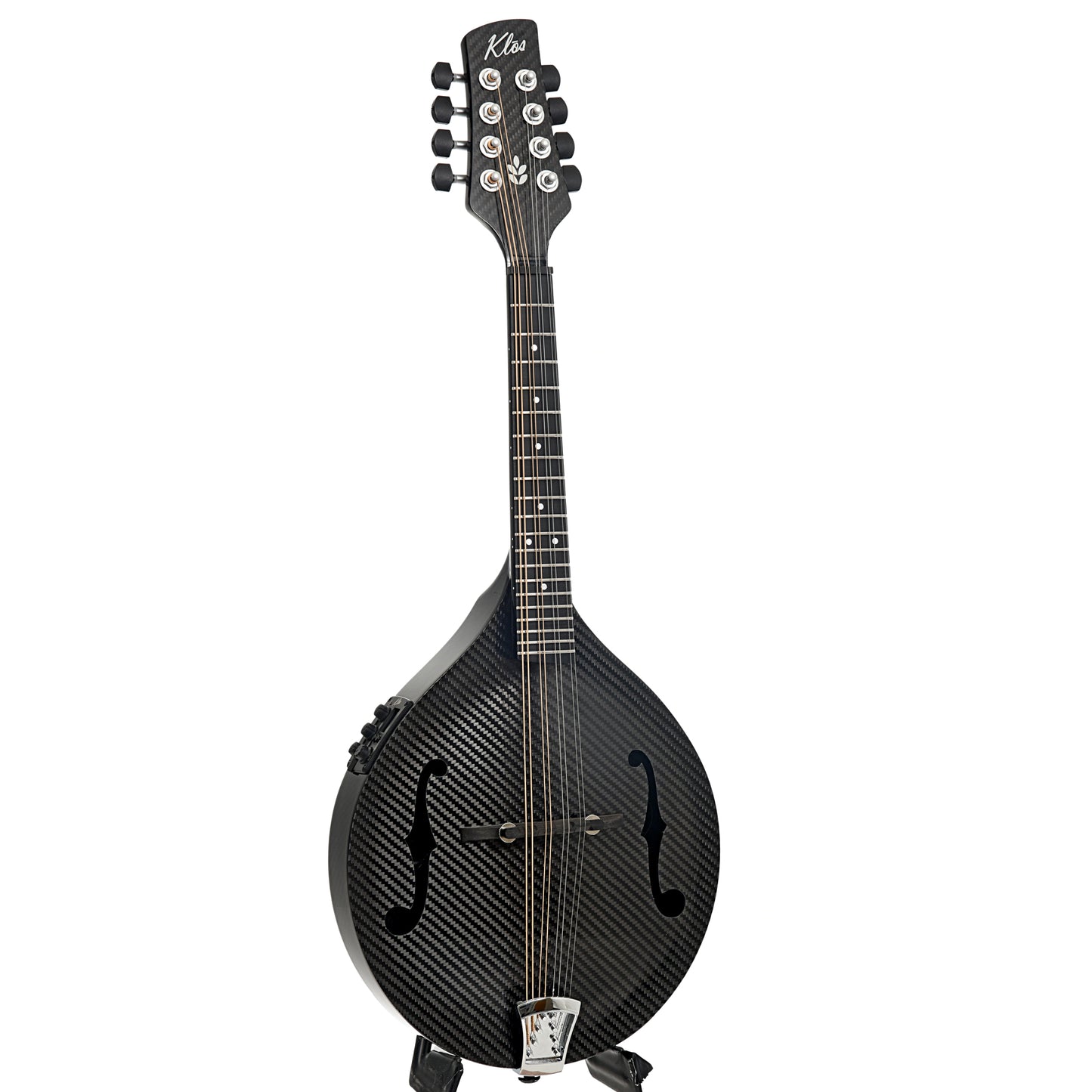 Full front and side of KLOS Carbon Fiber Acoustic-Electric Mandolin with Active EQ A-Style