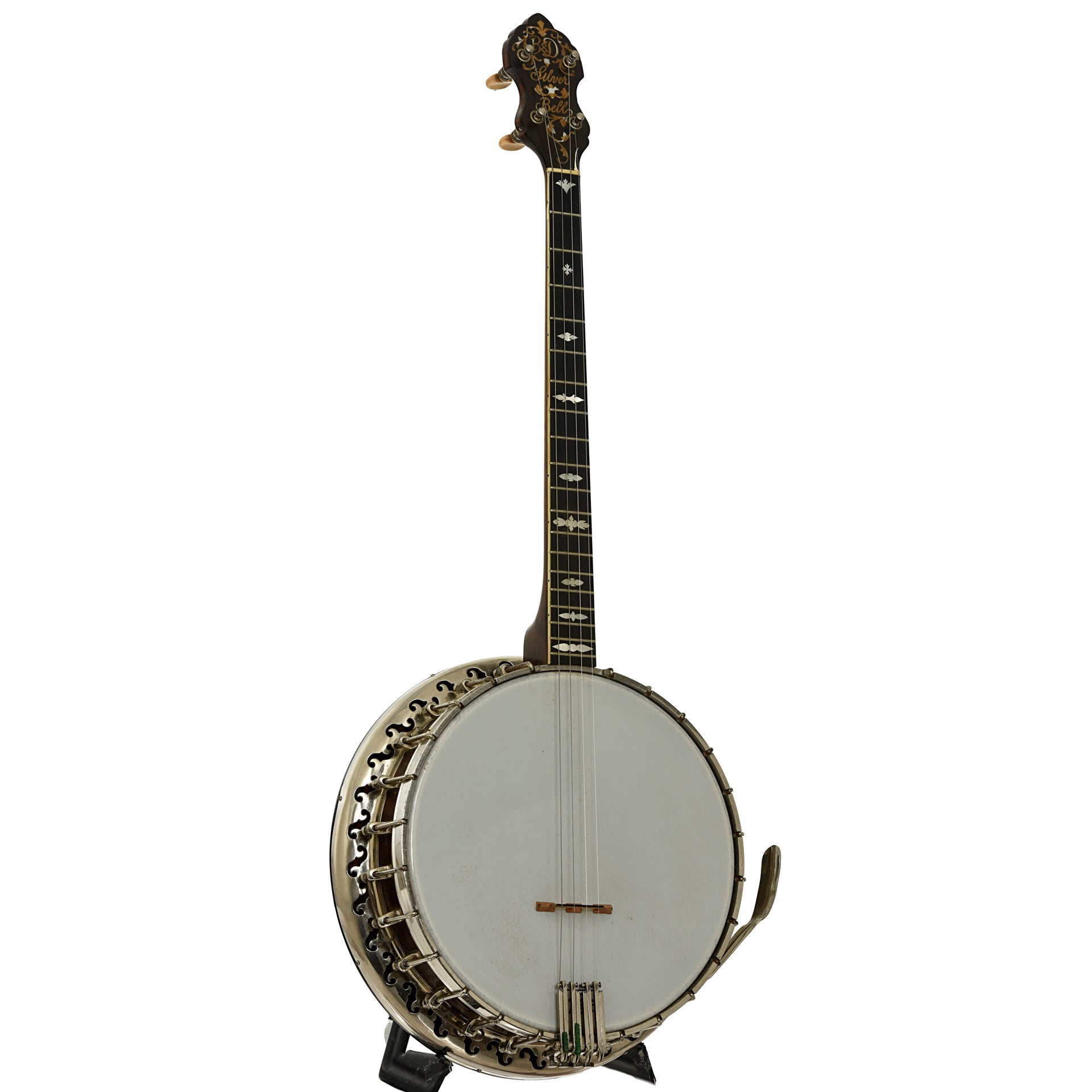 Full front and side of Bacon & Day Silver Bell No.1 Tenor Banjo 