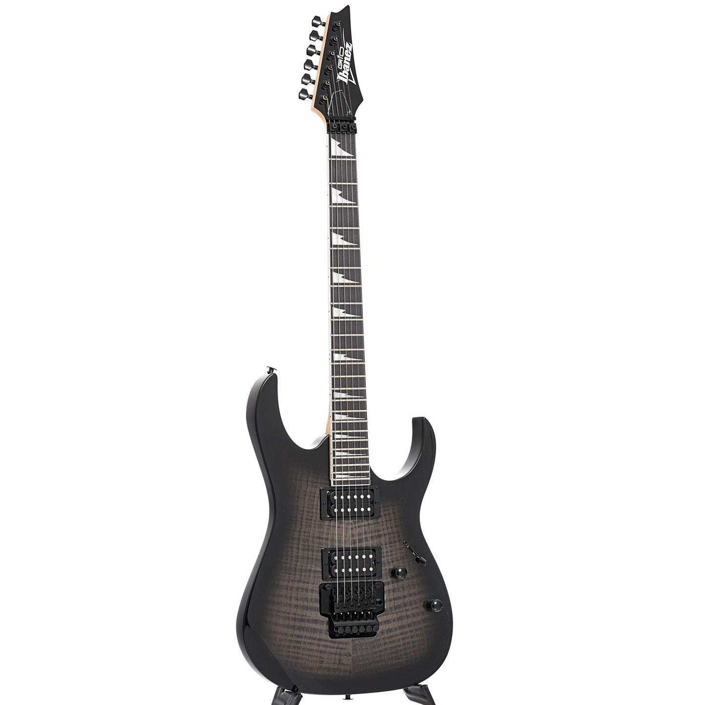 Full front and side of Ibanez Gio GRG320FA Electric Guitar, Transparent Black Sunburst