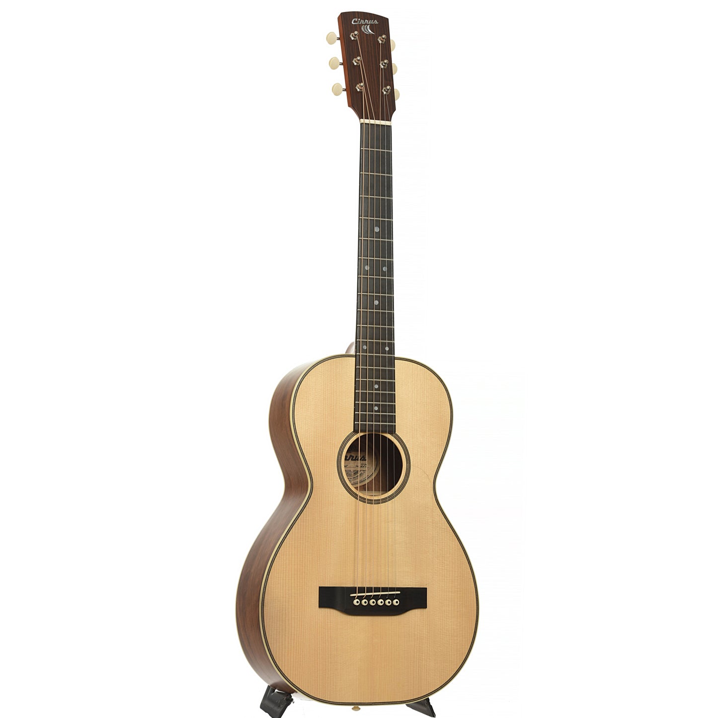 Full front and side of Cirrus Walnut C Parlor Acoustic Guitar  