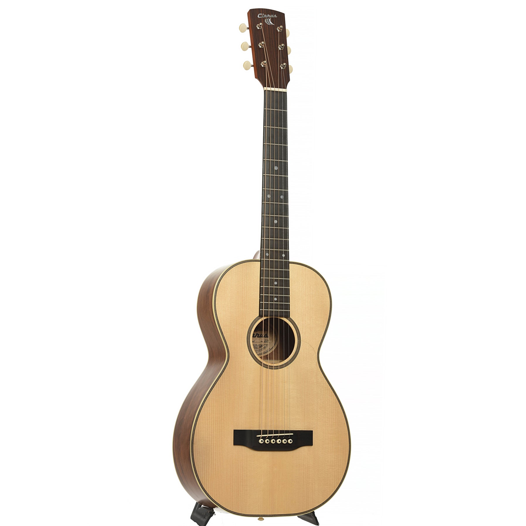Full front and side of Cirrus Walnut C Parlor Acoustic Guitar  
