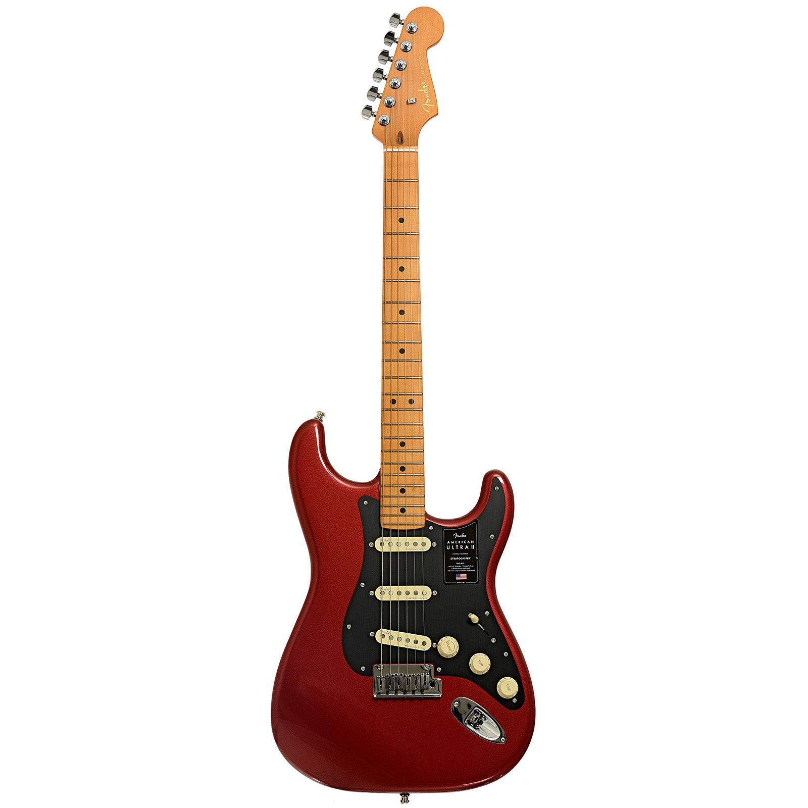 Full front of Fender American Ultra II Stratocaster Electric Guitar & Case, Sinister Red