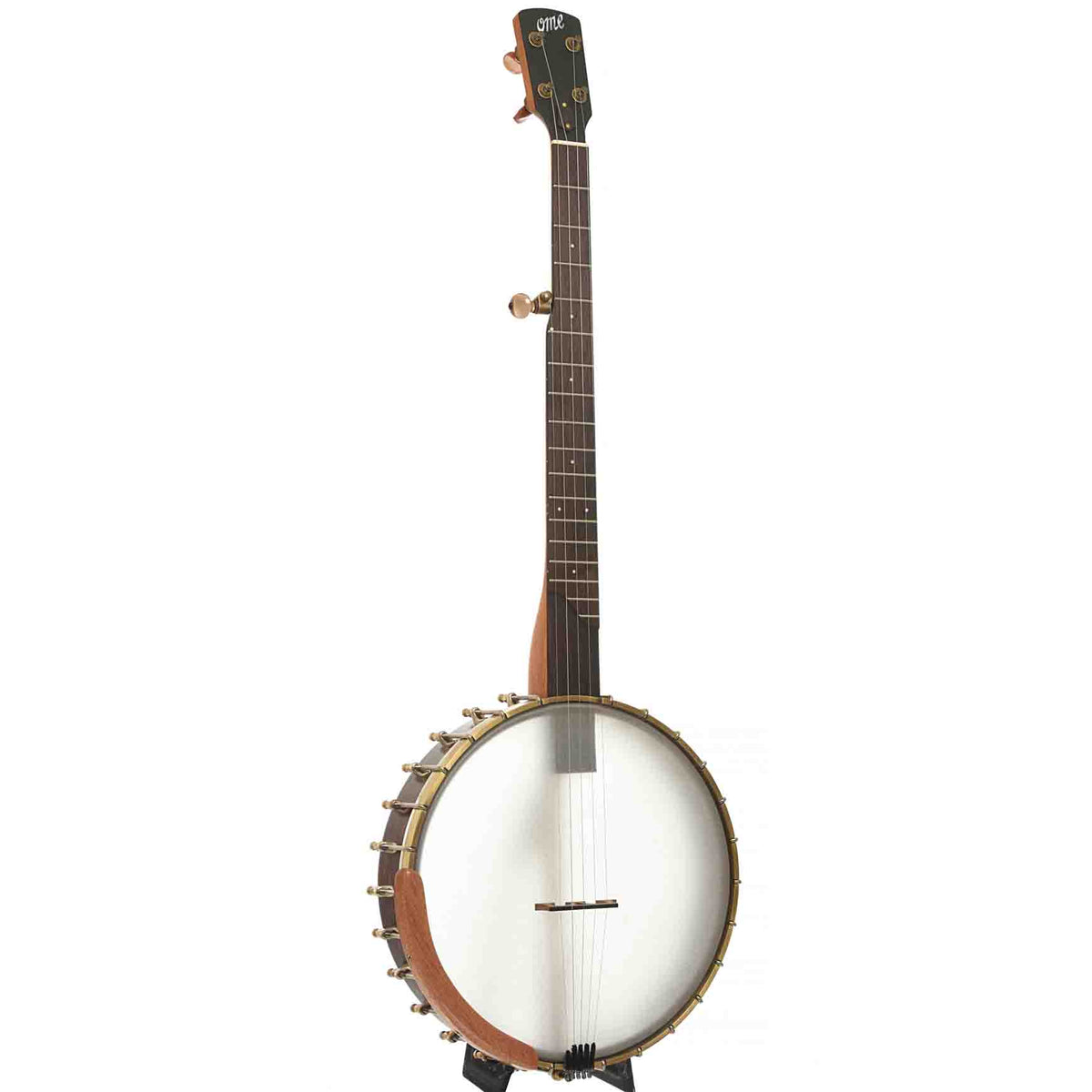 Full Front & Side of Ome Alpha-12 12in Openback Banjo & Gigbag, 26 Bracket