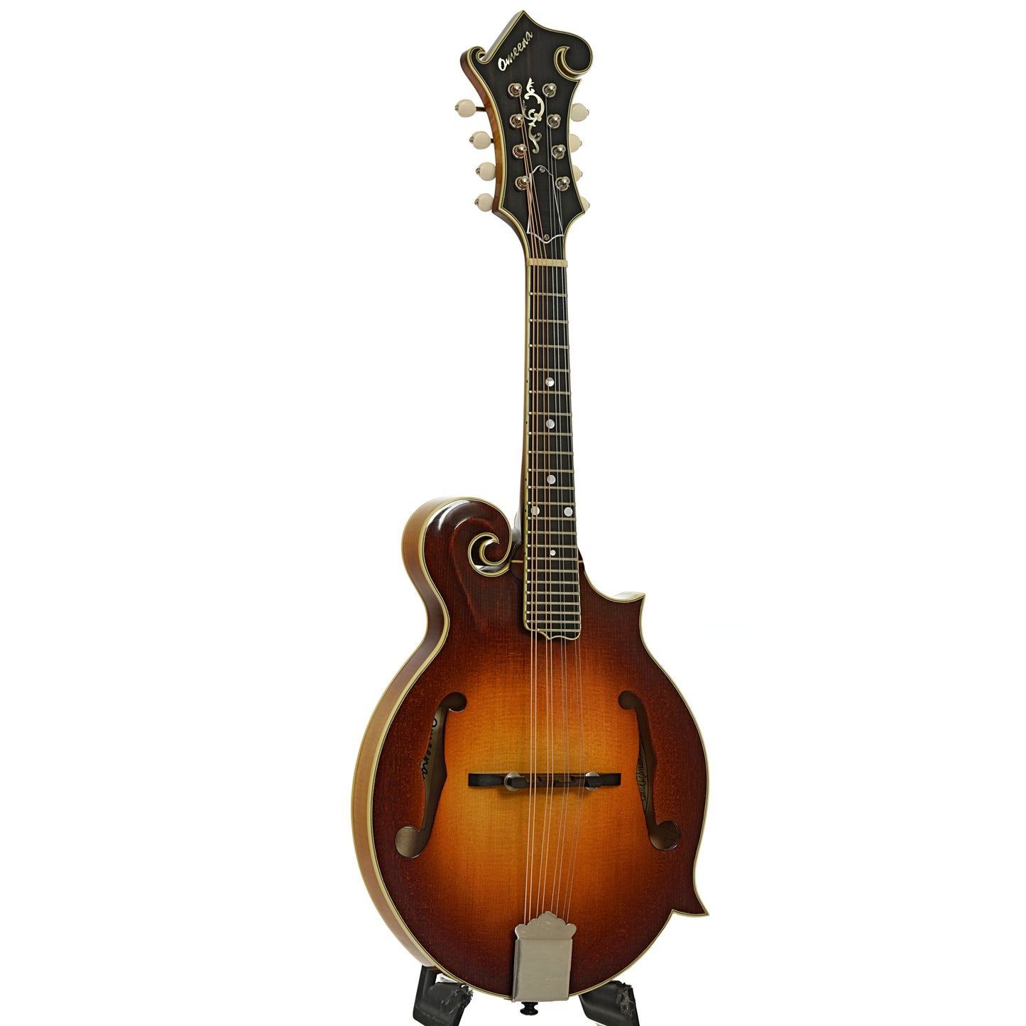Full front and side of Omeena F-Style Mandolin 