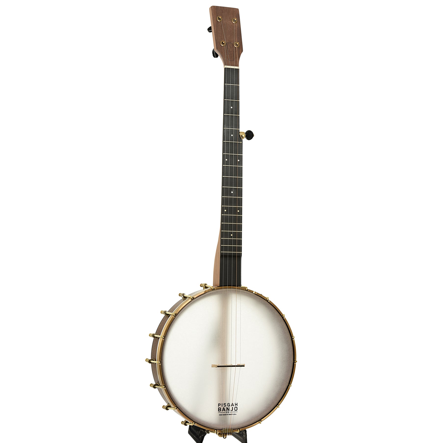 Full front and side of Pisgah Roscoe 12" Lefthanded Openback Banjo