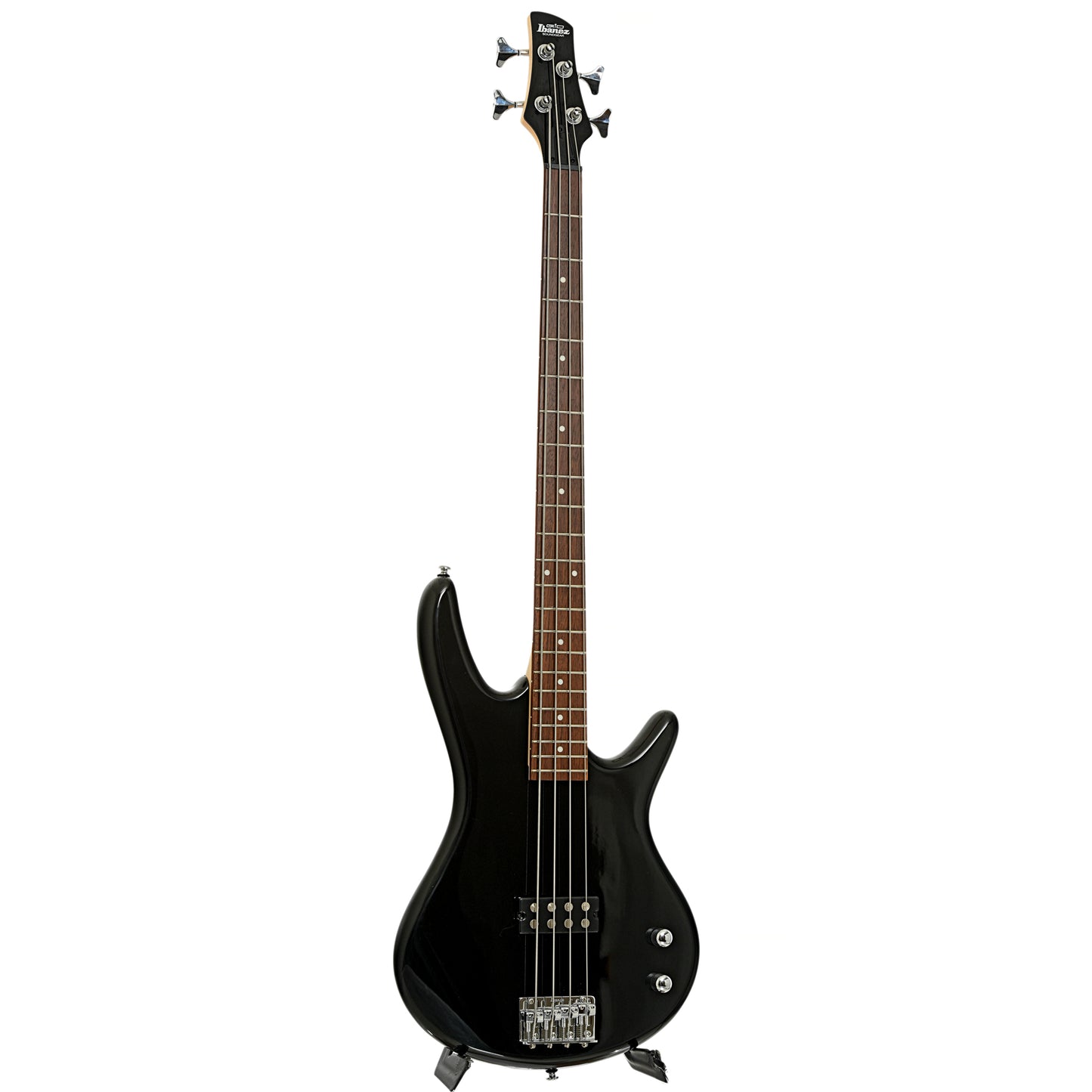 Full frotn and side of Ibanez Gio GSR100EX Electric Bass Guitar, Black