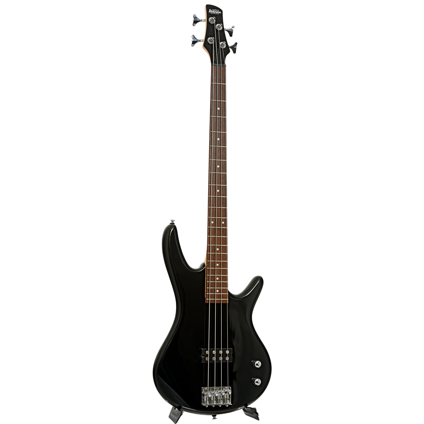 Full frotn and side of Ibanez Gio GSR100EX Electric Bass Guitar, Black