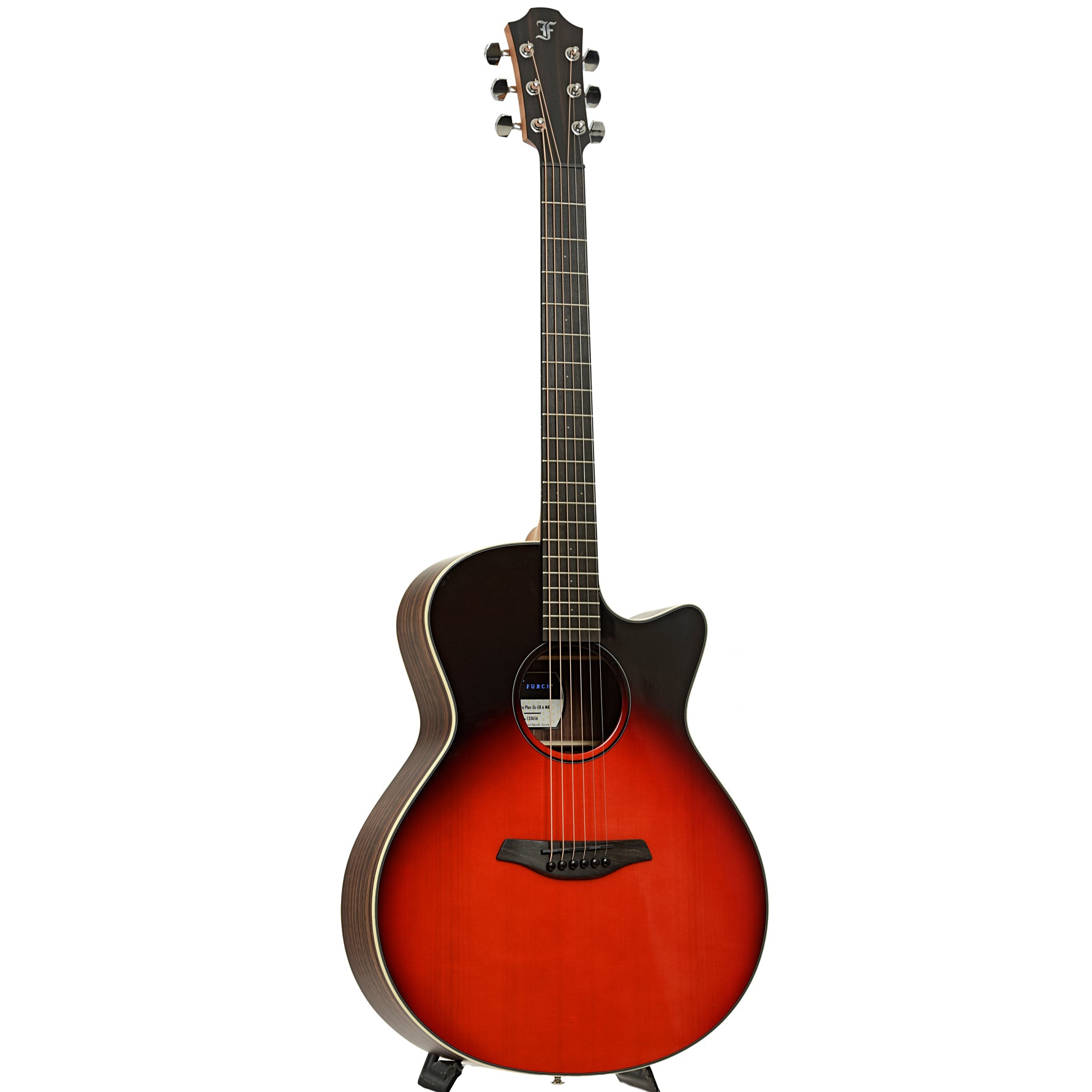Full front and side of Furch Spectra Plus Gc-ER a Maranello Red Acoustic Guitar