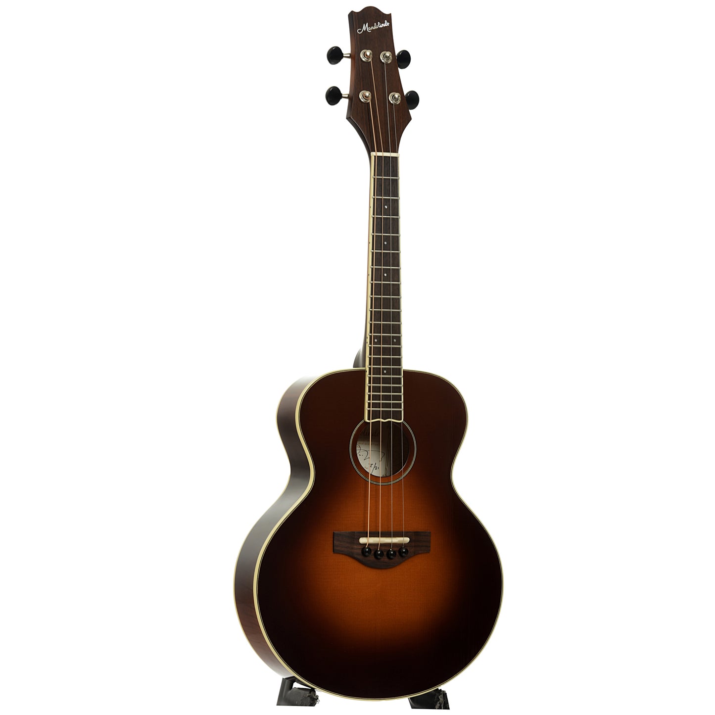 Full front and side of KR Strings Mandolindo Custom Deluxe Curly Maple 